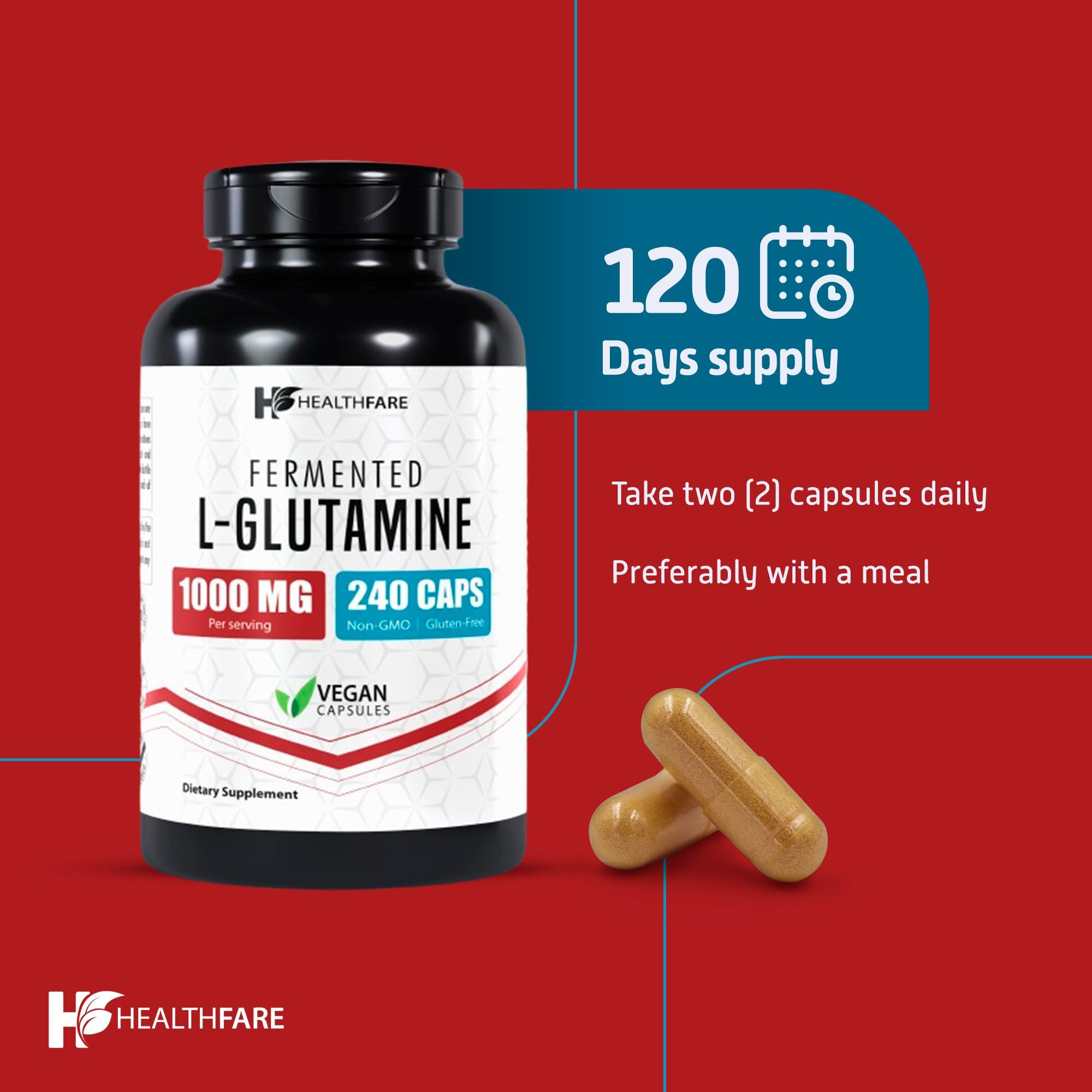 Healthfare HealthFare L-Glutamine 1000mg Capsules | 240 Capsules | Amino Acid Fuel for Gut & Muscle Health | Non-GMO | Gluten-Free | Support for Recovery & Wellness | Made in The USA