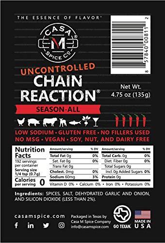 Casa M Spice Co Casa M Spice Co® Uncontrolled Chain Reaction® Season-All• Low Sodium • Gluten Free • Keto Friendly BBQ Spices and Seasonings (Uncontrolled (2x as spicy), Plastic Shaker (with 1-cup seasoning))