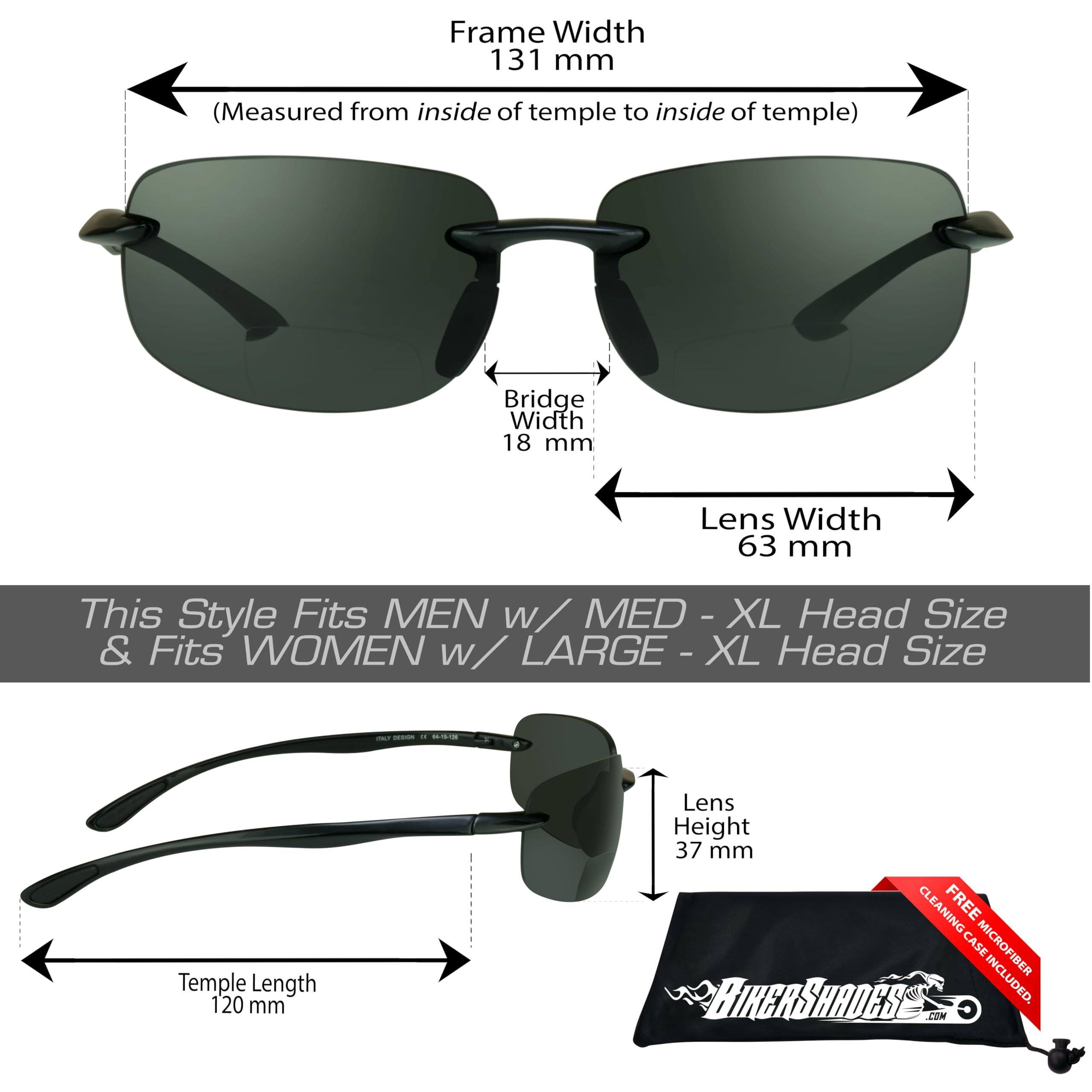Bikershades Biker Armour Polarized Bifocal Reading +2.00 Sunglasses Rimless Wrap Around Sport TR90 Black Frame Grey Lens