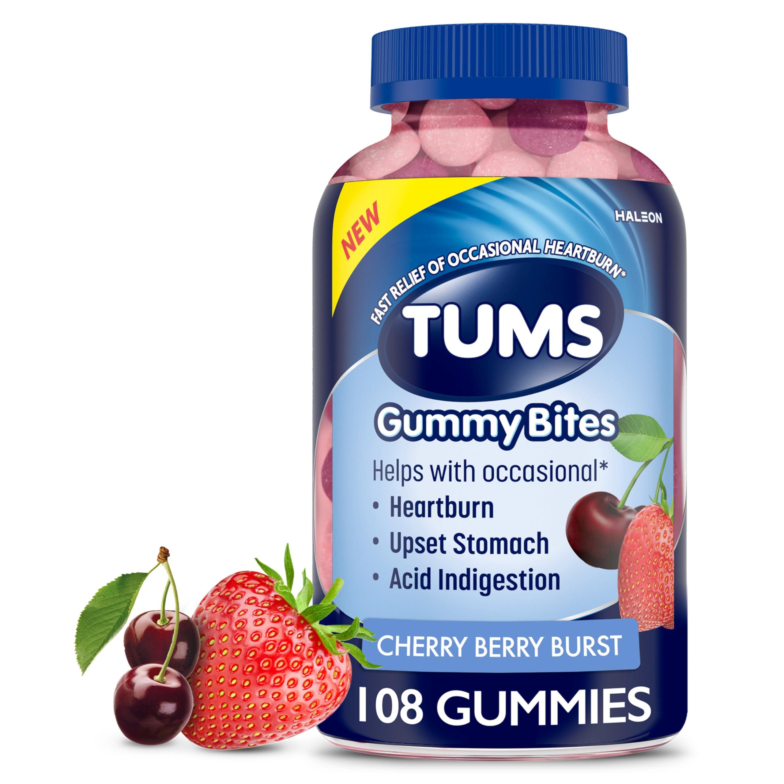 TUMS TUMS Gummy Bites Dietary Supplement for Occasional Heartburn Relief, Upset Stomach and Acid Indigestion, Great for a Summer BBQ - Cherry Berry Burst - 108 Count