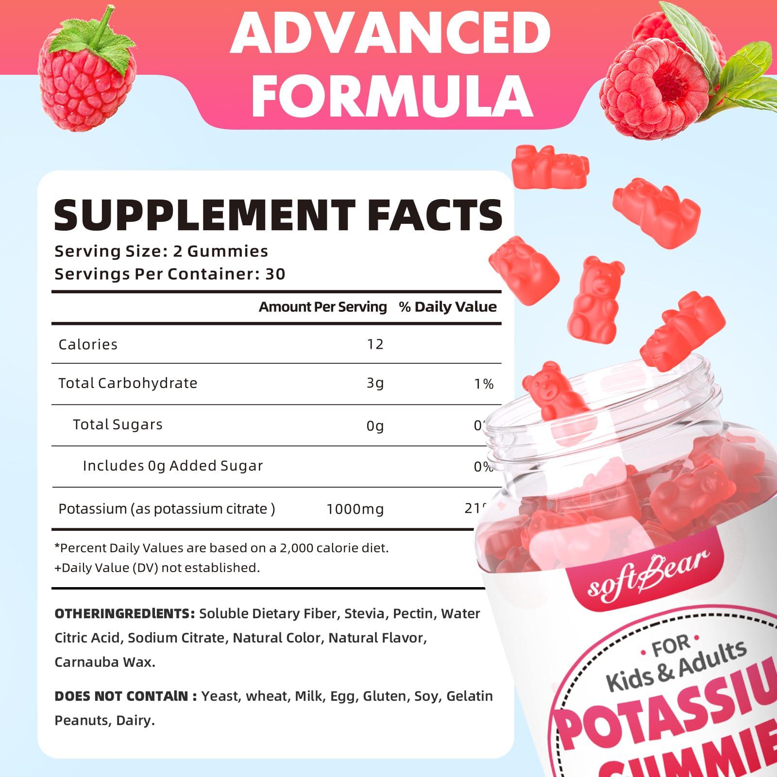 softbear softbear Potassium Gummies for Adults, High Potency Potassium Citrate 1000mg Supports Leg Cramps & Muscle Health Organic Potassium Supplement Gummies Raspberry Flavor 120 Count