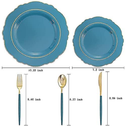 Nervure Nervure 100PCS Blue Plastic Plates With Gold Rim&Gold Disposable Silverware with Blue Handle Purple Plastic Plates 100 Packed&Gold Plastic Silverware with Purple Handle
