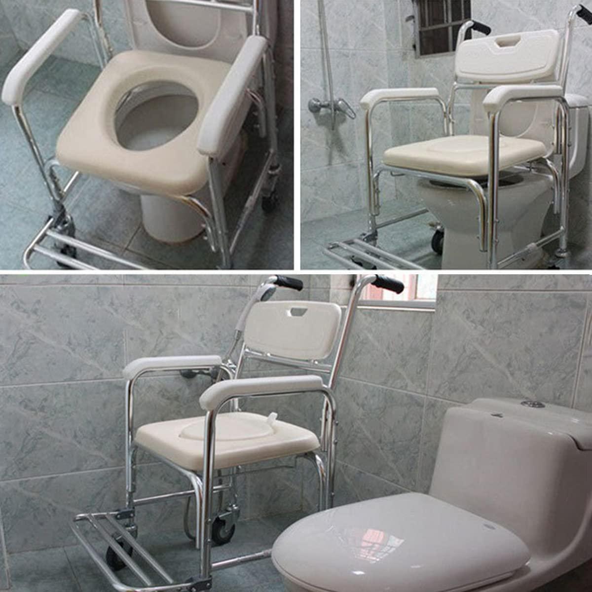 Createshao Createshao Folding Toilet Chair with Wheels Household Aluminum Portable Movable Elderly Toilet Showering with Seat Handle