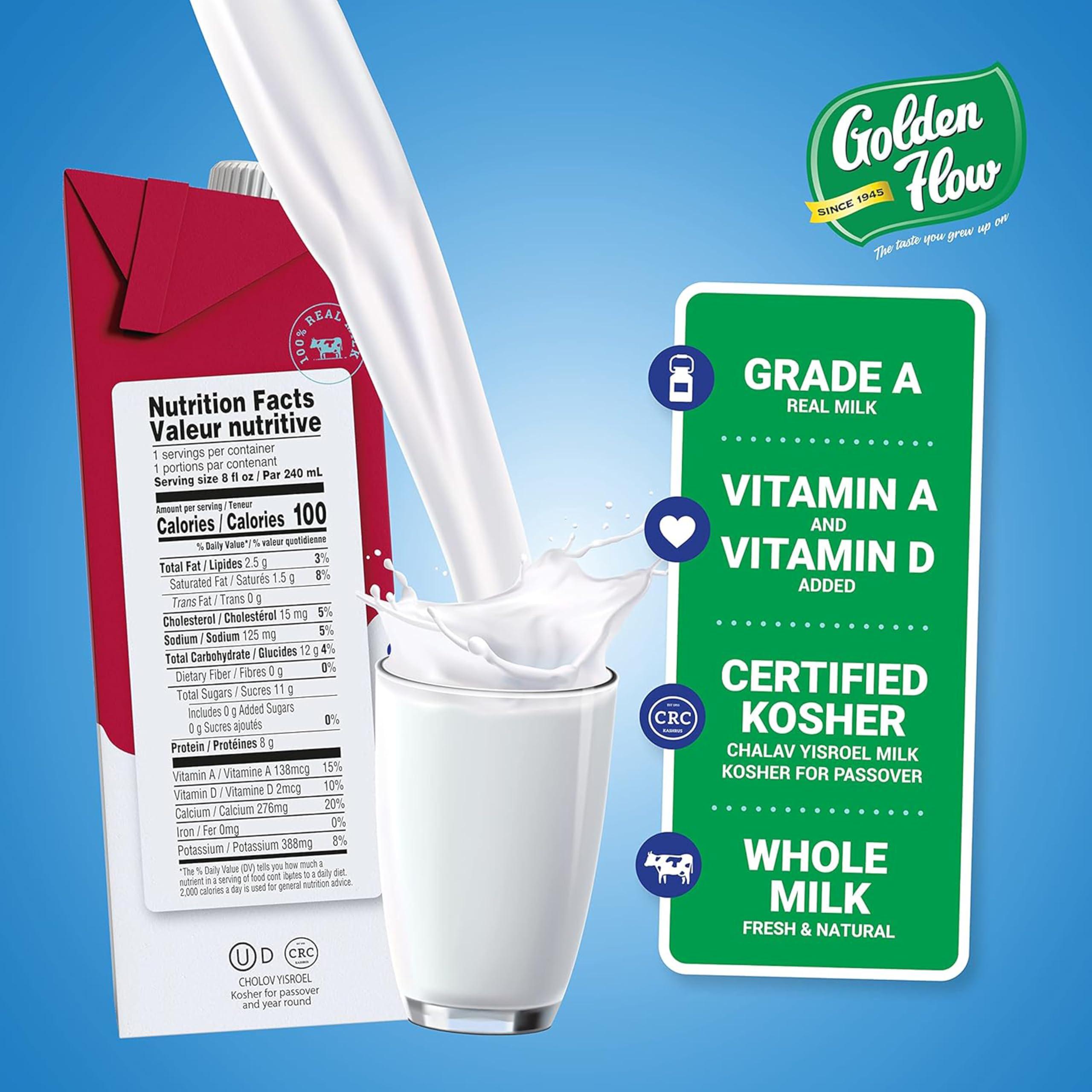 Golden Flow Golden Flow Shelf Stable Whole milk - UHT Boxed Milk - Fortified with Vitamins A & D –No Refrigeration Needed, Cholov Yisroel, Kosher for Passover -8 FL oz- (Pack of 6)