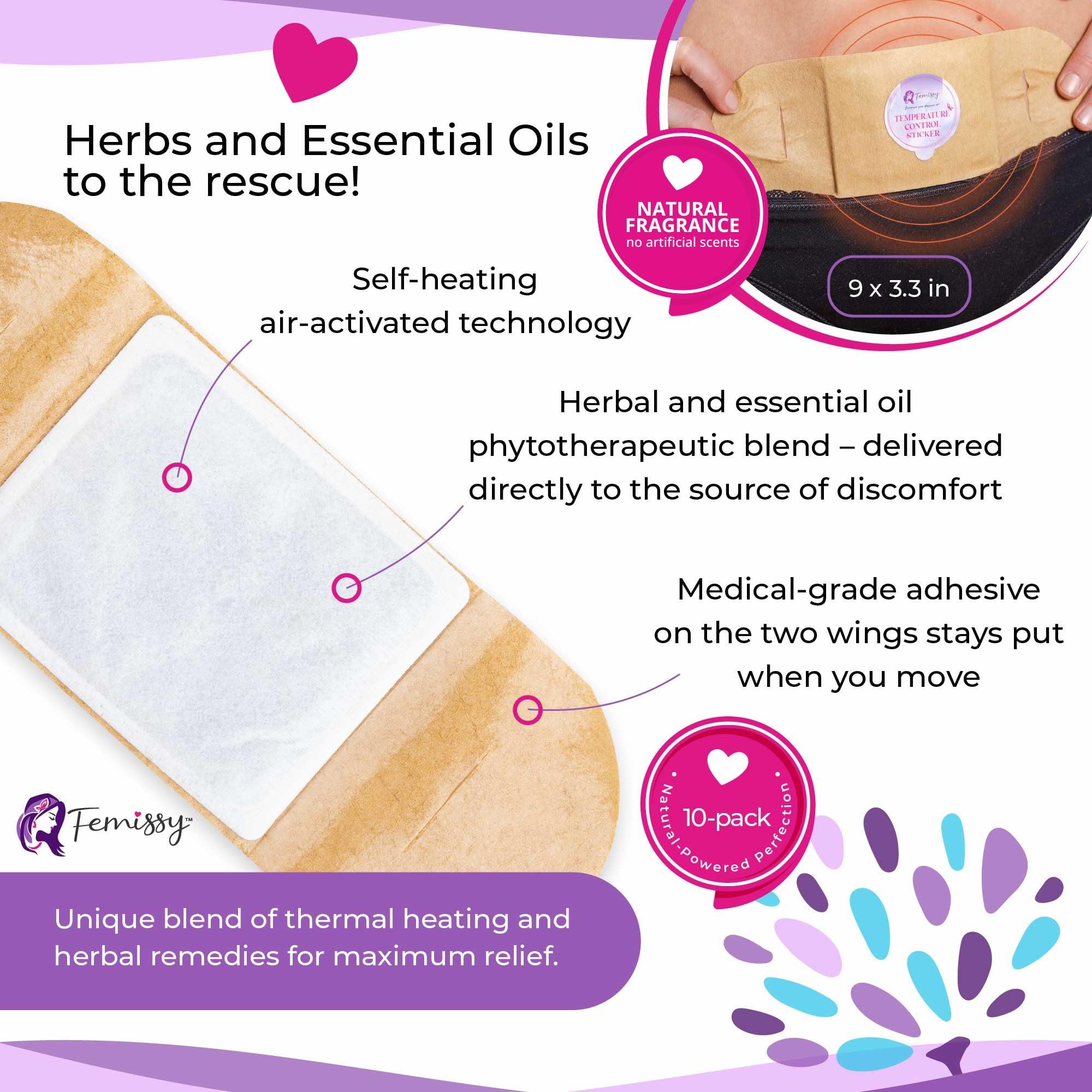 Femissy Heat Patches for Menstrual Cramps Based on Flow Strength, 1 Single Patch for Weak & Normal Flow + Natural Yoni Vulva Oil for Women PH Balance & Dryness (1 fl oz) Sensitive Skin Herbal Moisturizer