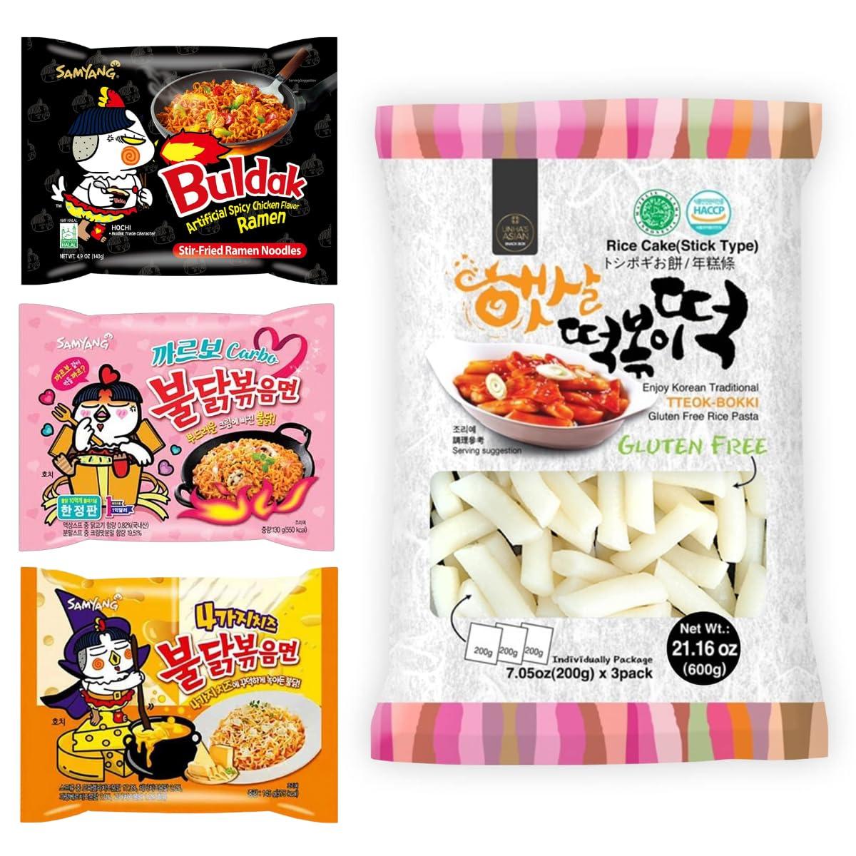 UNHA\'S ASIAN SNACK BOX Hot Chicken Buldak Ramen 3 Flavor with Korean Rice Cake Tteokbokki Stick - Rapokki Stir Fried Ramen Noodle with Tteokbokki Carbonara, Cheese, Original Spicy