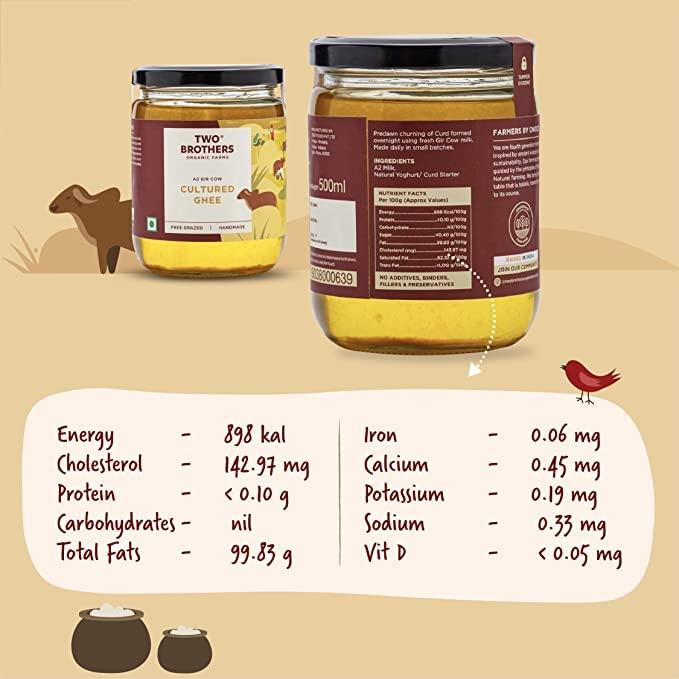 AMOREARTH - NATURAL.HEALTHY.FRESH Two Brothers Organic Farms - Grass Fed A2 Ghee 16 Fl Oz (500ml) | Clarified Butter | Cultured, Desi Gir Cow Ghee | Pasture Raised on Certified Organic Farm | Non-GMO, Lactose-Free, Keto Friendly | Made from Whole Curds in Small Batches | Glass Jar