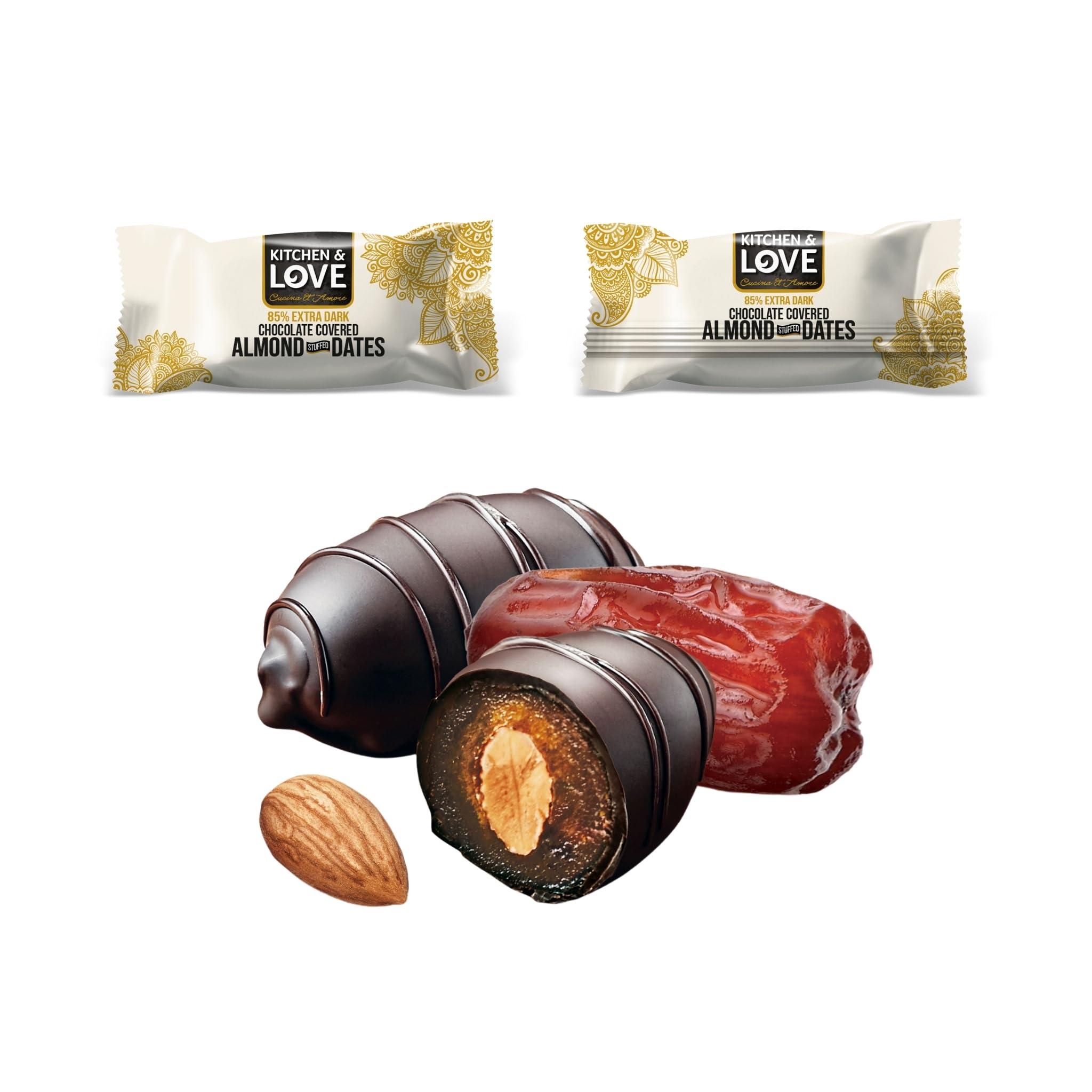 Kitchen & Love Kitchen & Love Chocolate Covered Almond Stuffed Dates in a Convenient Resealable Pouch, 8 Individually Wrapped Pieces, 85% Extra Dark Chocolate, Healthy Snack, 3.5 oz pouch (Pack of 4)