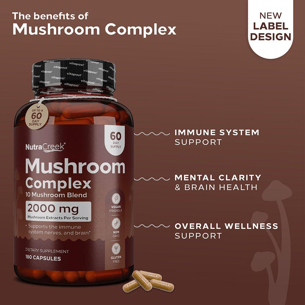 NutraCreek NutraCreek Mushroom Complex | Cordyceps Mushroom, Reishi, Shiitake, Maitake and Lions Mane Supplement. A 10-Mushroom Supplement to Support Your Mind and Body | 60 Mushroom Capsules