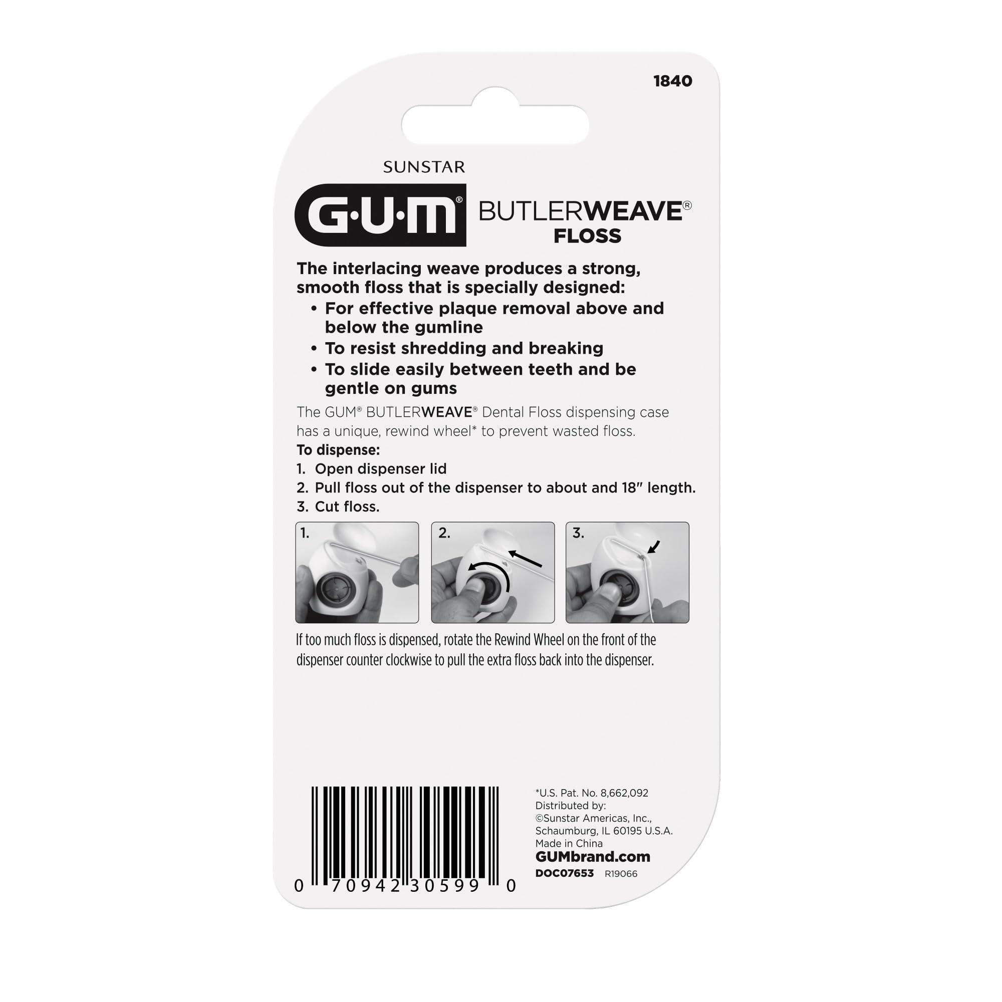 GUM GUM ButlerWeave Woven Dental Flos, Shred Resistant Waxed Floss, Mint Flavored, 1ct (3pk)