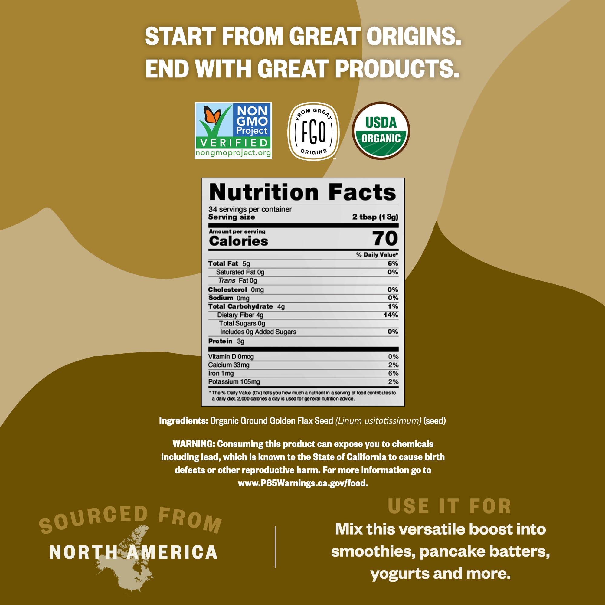 FGO FGO Organic Ground Golden Flaxseed Meal, Cold Milled, Grown in USA, 2 Pound (Pack of 1)