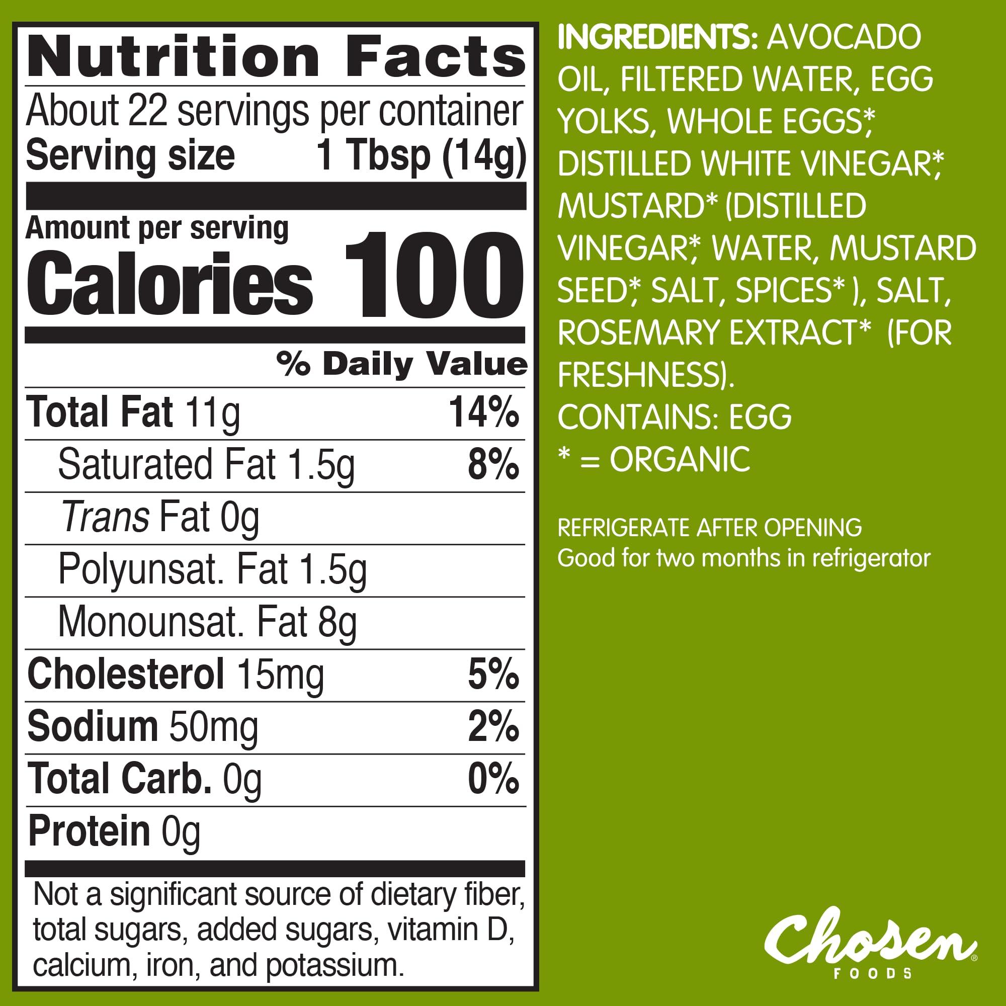 Chosen Foods Chosen Foods 100% Avocado Oil-Based Classic Mayonnaise, Gluten & Dairy Free, Low-Carb, Keto & Paleo Diet Friendly, Mayo for Sandwiches, Dressings and Sauces (11.25 floz 6 Pack)