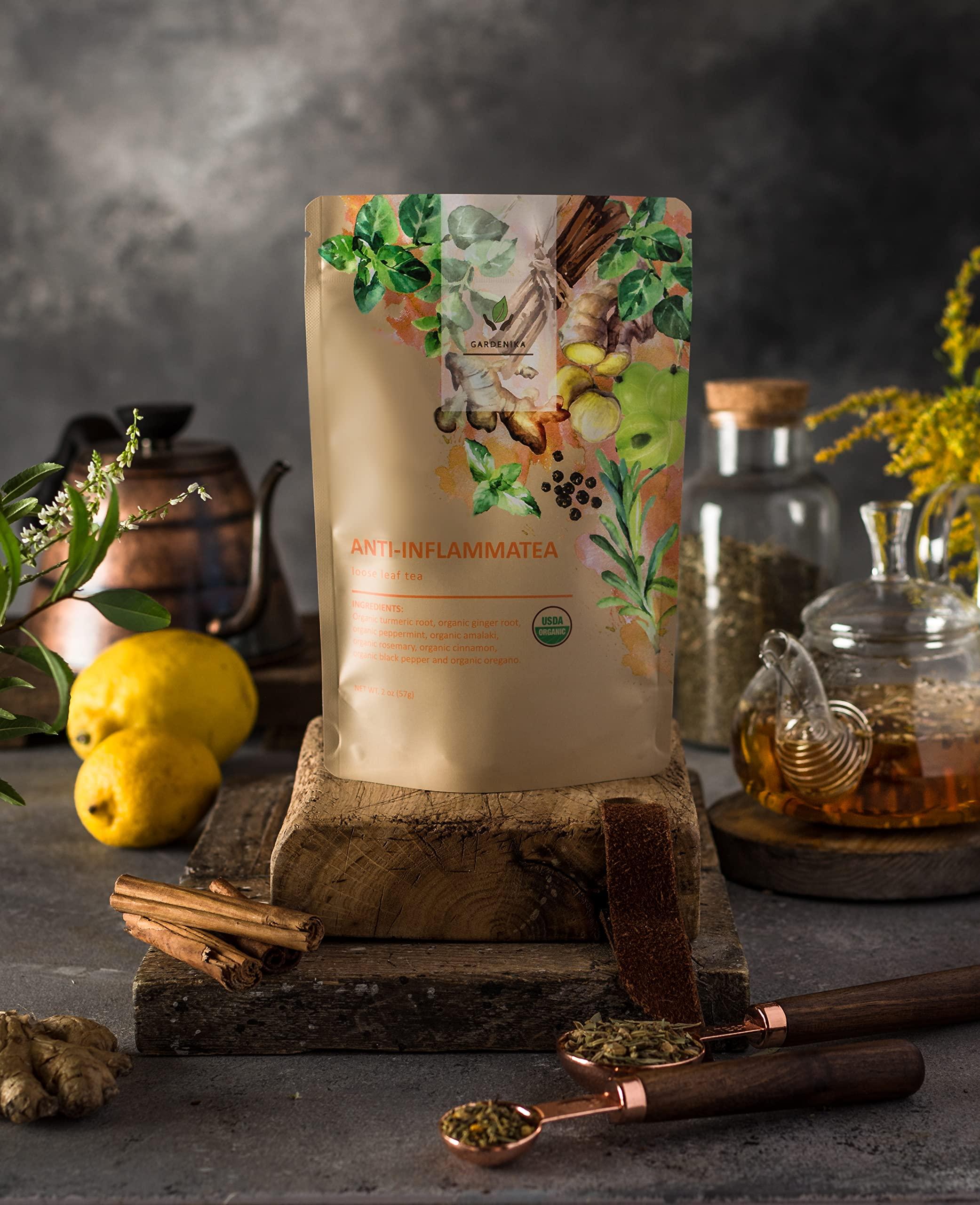 Gardenika Anti-Inflammatea Loose Leaf Tea with Ginger, Turmeric, Peppermint - Kosher, Ayurvedic - Herbal and Caffeine-Free - 3 Pack (12 oz)