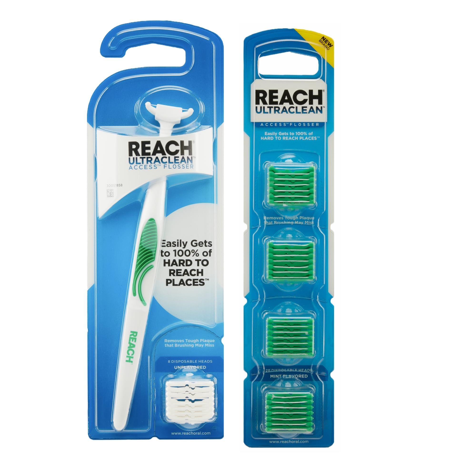 Reach Reach Listerine Ultraclean Access Flosser Refill Heads Mint Flavor & Listerine Ultraclean Access Flosser Starter Kit Bundle | Proper & Durable Oral Care & Hygiene | Effective Plaque Removal