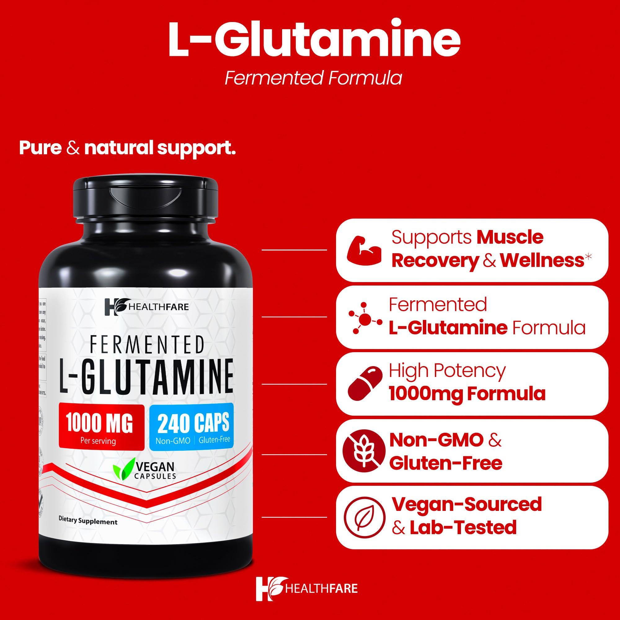 Healthfare HealthFare L-Glutamine 1000mg Capsules | 240 Capsules | Amino Acid Fuel for Gut & Muscle Health | Non-GMO | Gluten-Free | Support for Recovery & Wellness | Made in The USA