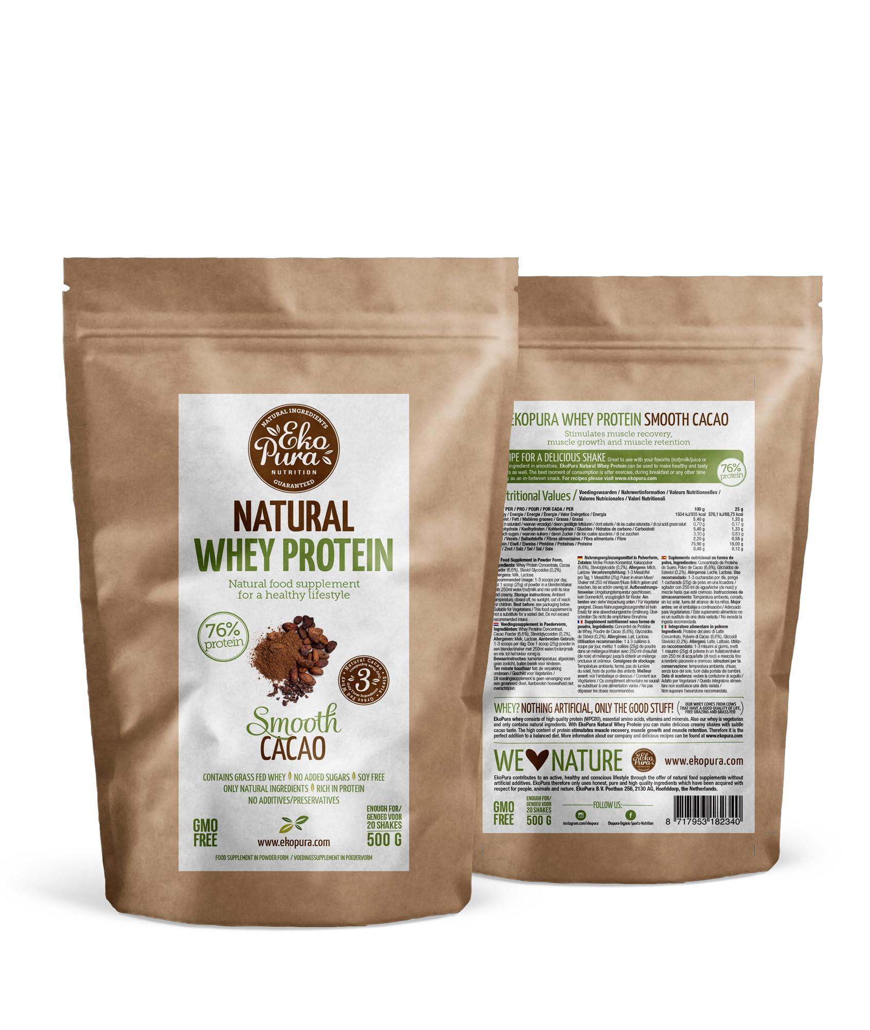 Ekopura Ekopura Natural Whey Protein - Cacao - 76% Protein, Organic Whey from Grass Fed Cows - Free of Nasties - 500g
