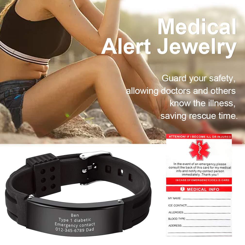 Supcare Supcare Free Engraving Silicone Adjustable Medical Bracelets Sport Emergency ID Bracelets for Men Women Kids Waterproof Stainless Steel Rubber Alert Bracelets