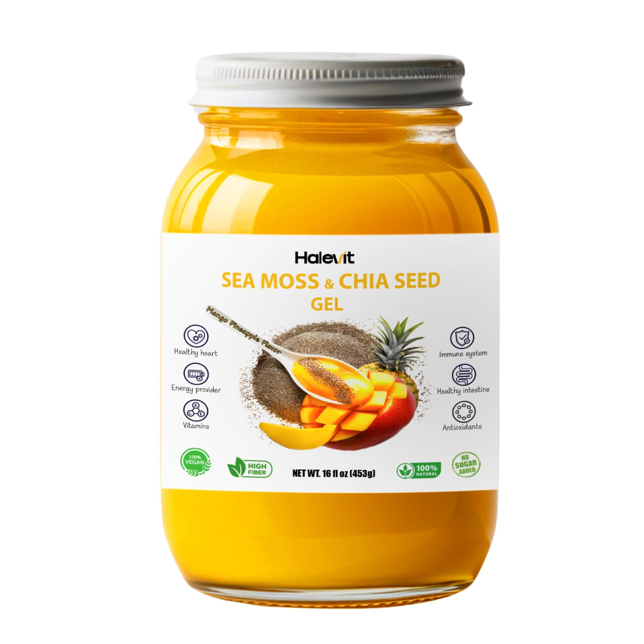 Halevit Sea Moss Gel with Ground Chia Seeds, Sea Moss Gel Organic Raw Natural Iodine Source, Omega-3, Immune & Digestive Support, Vegan Superfood, Mango Pineapple Flavor, Made in USA, 16 oz