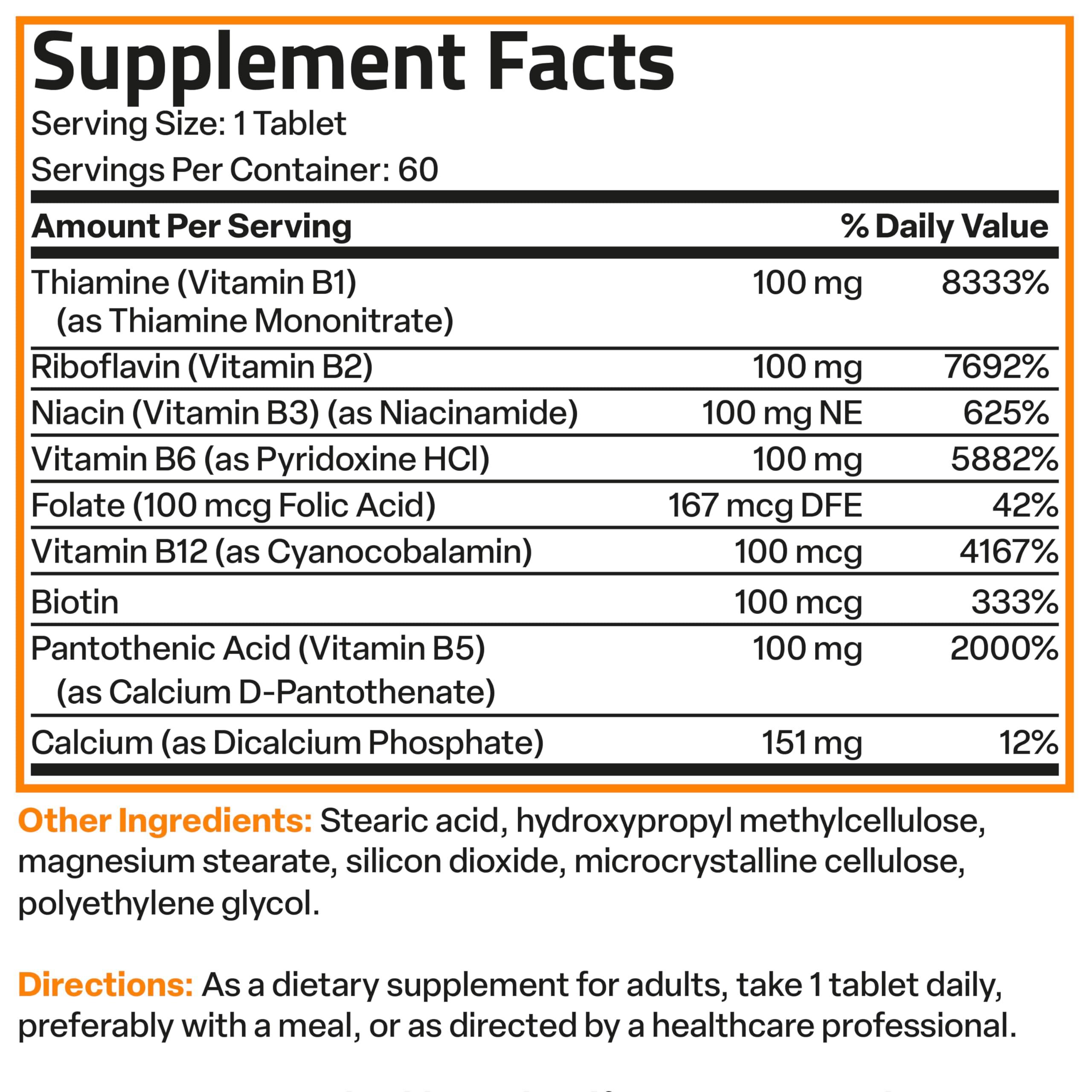 Bronson Bronson Vitamin B 100 Complex High Potency Sustained Release (Vitamin B1, B2, B3, B6, B9 - Folic Acid, B12), 60 Tablets