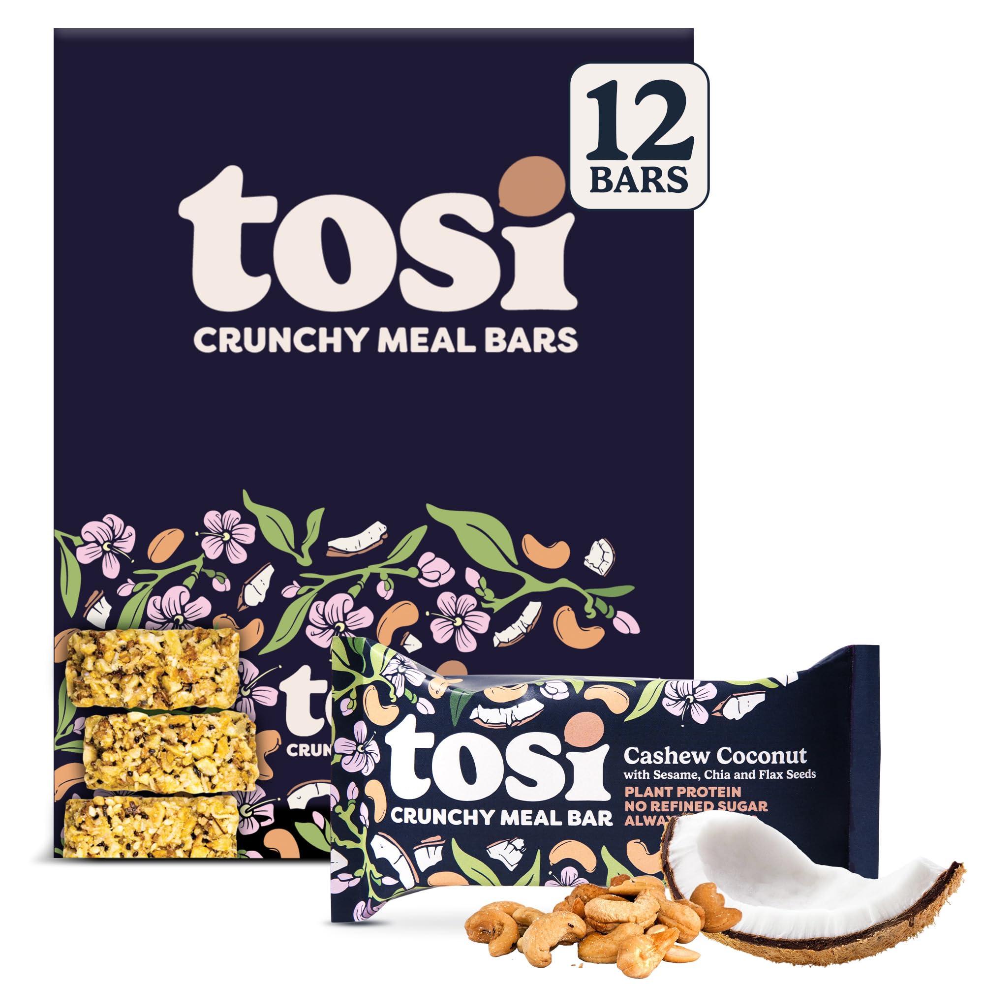 Tosi Tosi Cashew Coconut Protein Bars, Plant Based with Nuts, Gluten-Free Crunchy Snacks, Vegan, Organic, Flax & Chia Seeds, Soy-Free, Omega 3s, 14G Protein, 2.4 oz, 12-Pack
