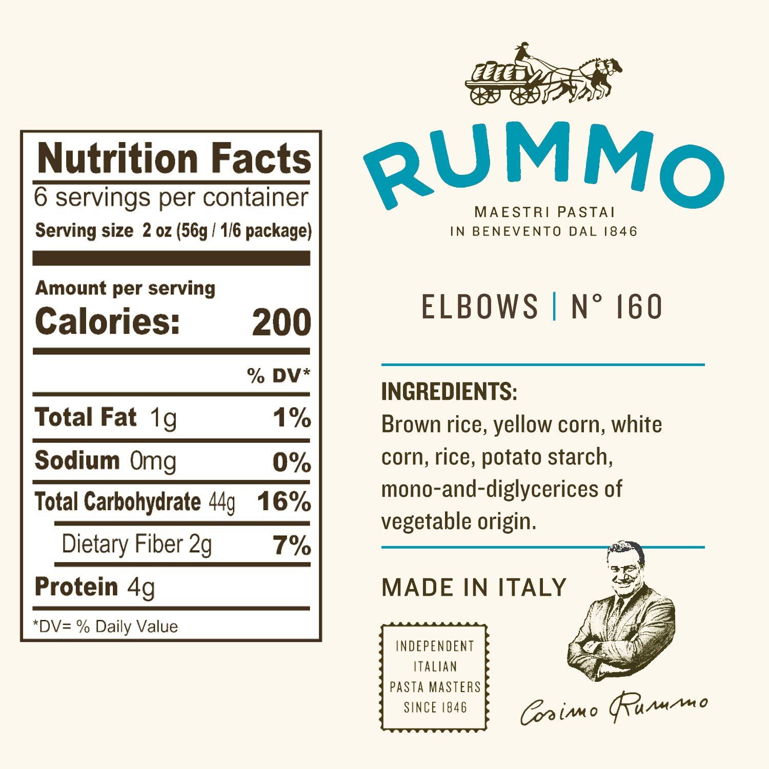 Rummo Rummo Gluten Free Elbows Pasta N.160 - Elbow Macaroni Noodles, Made with Brown Rice & Corn, Whole Wheat Pasta, GF Pasta Noodles- 16 Ounce (Pack of 1)