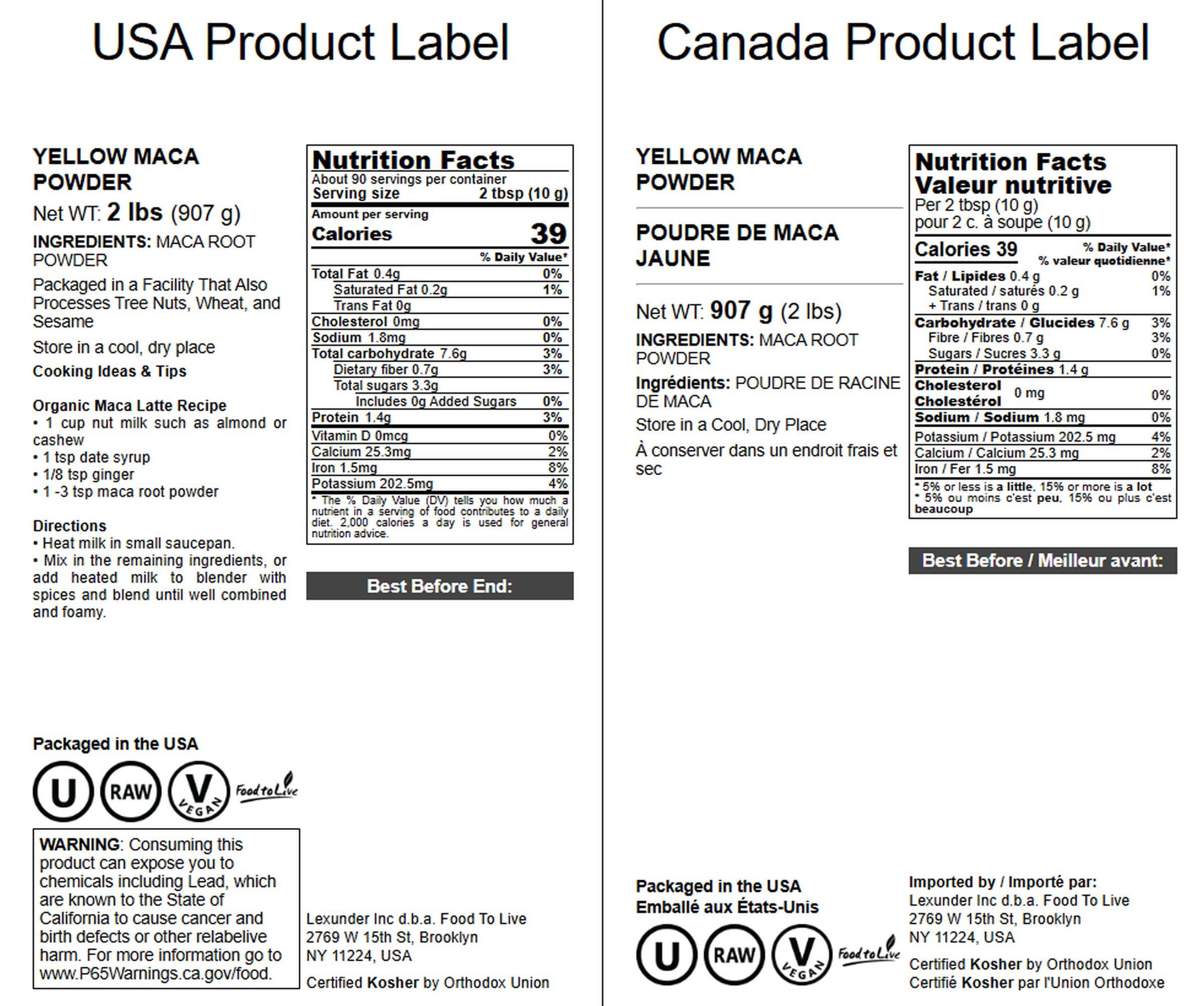 Food to Live Food to Live Yellow Maca Powder, 2 Pounds – Raw Ground Maca Root, Vegan, Kosher, Keto, Non-Gelatinized, Bulk, Rich in Vitamin C