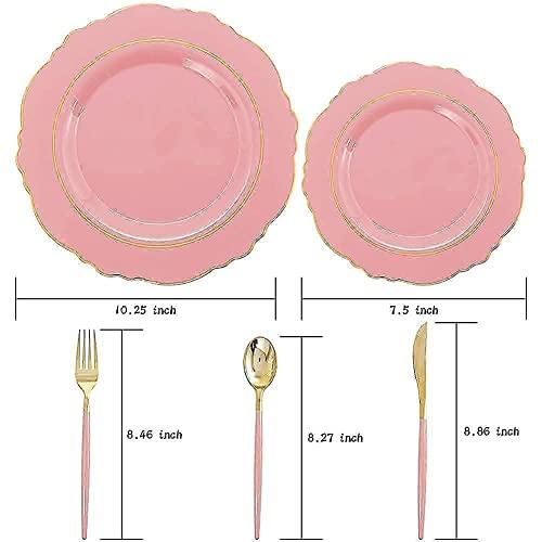 Nervure Nervure 100PCS Blue Plastic Plates With Gold Rim&Gold Disposable Silverware with Blue Handle Purple Plastic Plates 100 Packed&Gold Plastic Silverware with Purple Handle