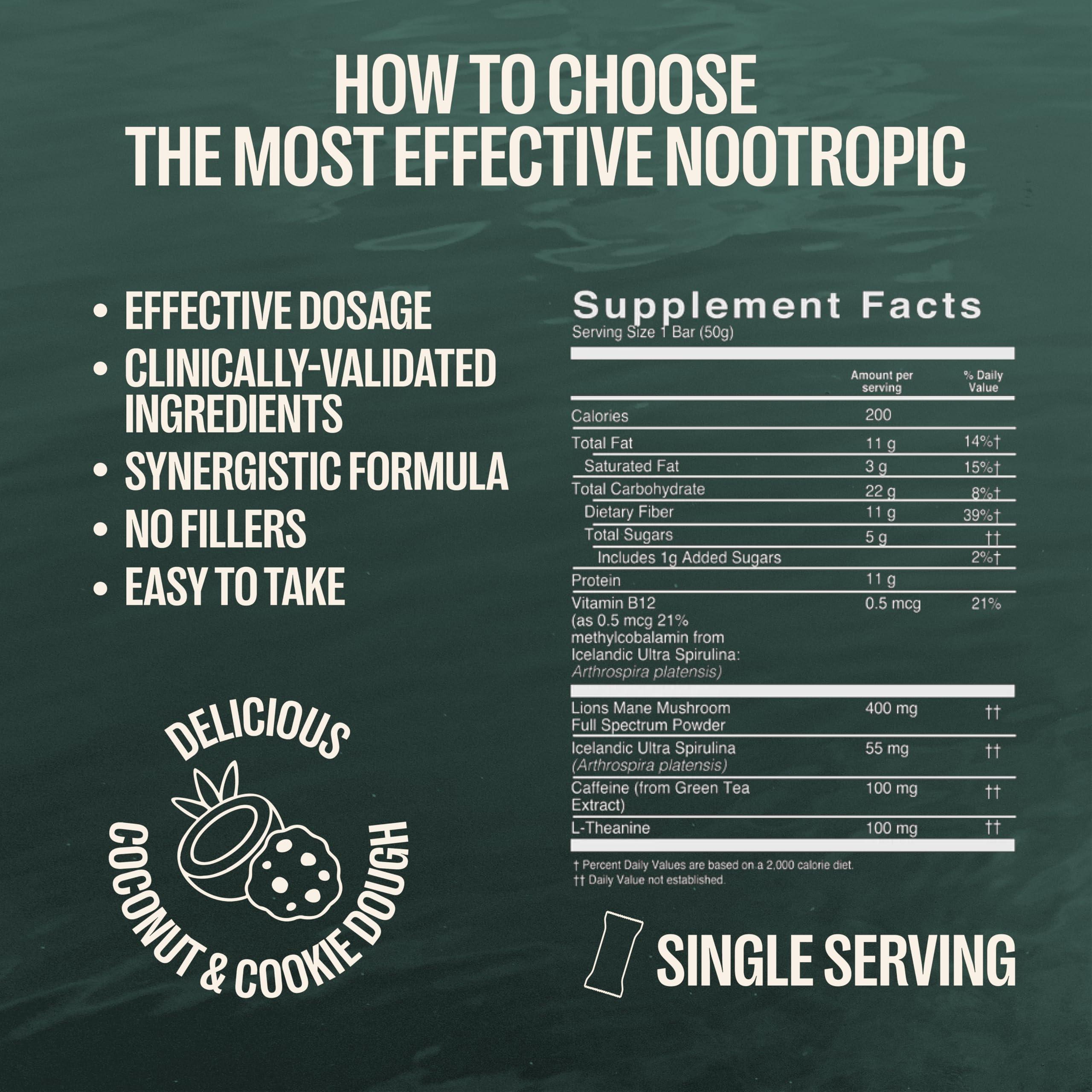 Orlo ORLO BRAIN PERFORMANCE BAR Vegan Protein Bars for Brain & Energy Support Focus & Memory, Pre & Post Workout Recovery Gluten Free Snack with L-Theanine, Lions Mane, Spirulina & More (SINGLE BAR)