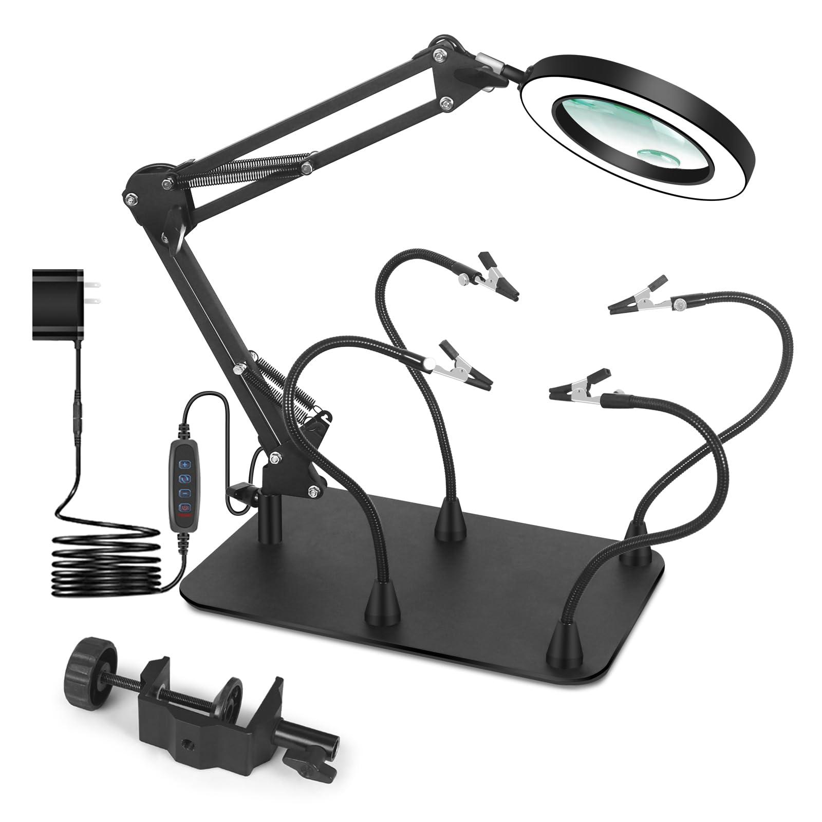 EOOKU Magnifying Glass with Light and Stand, EOOKU Flexible Magnetic Helping Hand, 5X&10X 12V 108pcs LED Beads Magnifying Lamp, 3 Modes Adjustable Swivel Gooseneck Arms & Heavy Duty Base Plate