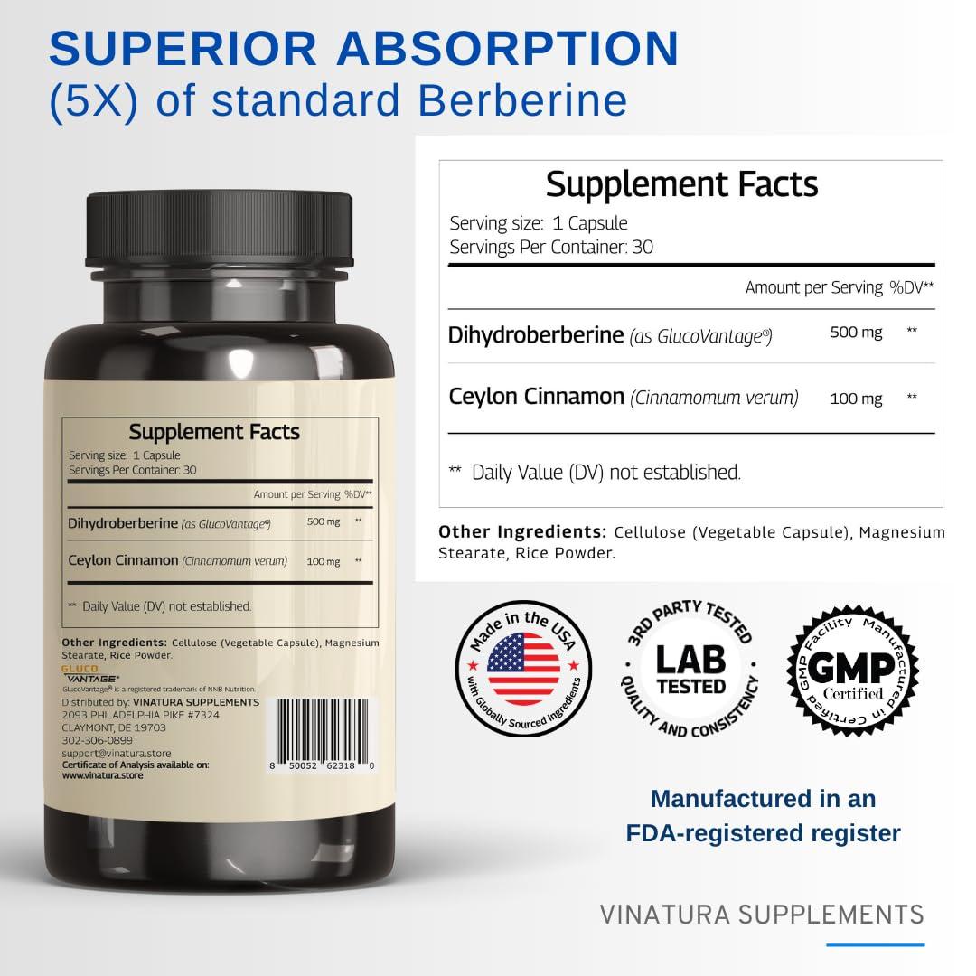 VINATURA VINATURA Dihydroberberine Supplement 500mg with Ceylon Cinnamon - (Patented GlucoVantage Super Berberine), Maybe Berberine 5X More absorbable - 30 Capsules