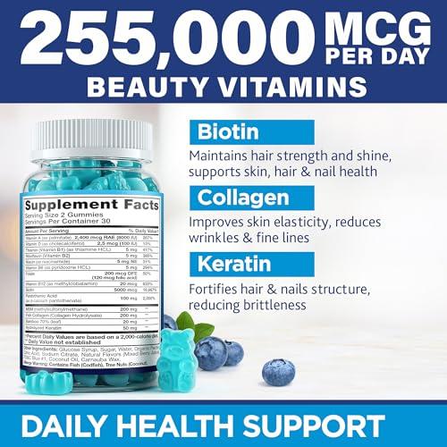 MOREX VITAMINS Hair Vitamins Natural Gummies - Biotin Multivitamin for Hair, Skin & Nails with Collagen & Keratin - Anti Aging Collagen Gummy Vitamins for Men & Women - Hair & Nail Growth Gummies - 60psc