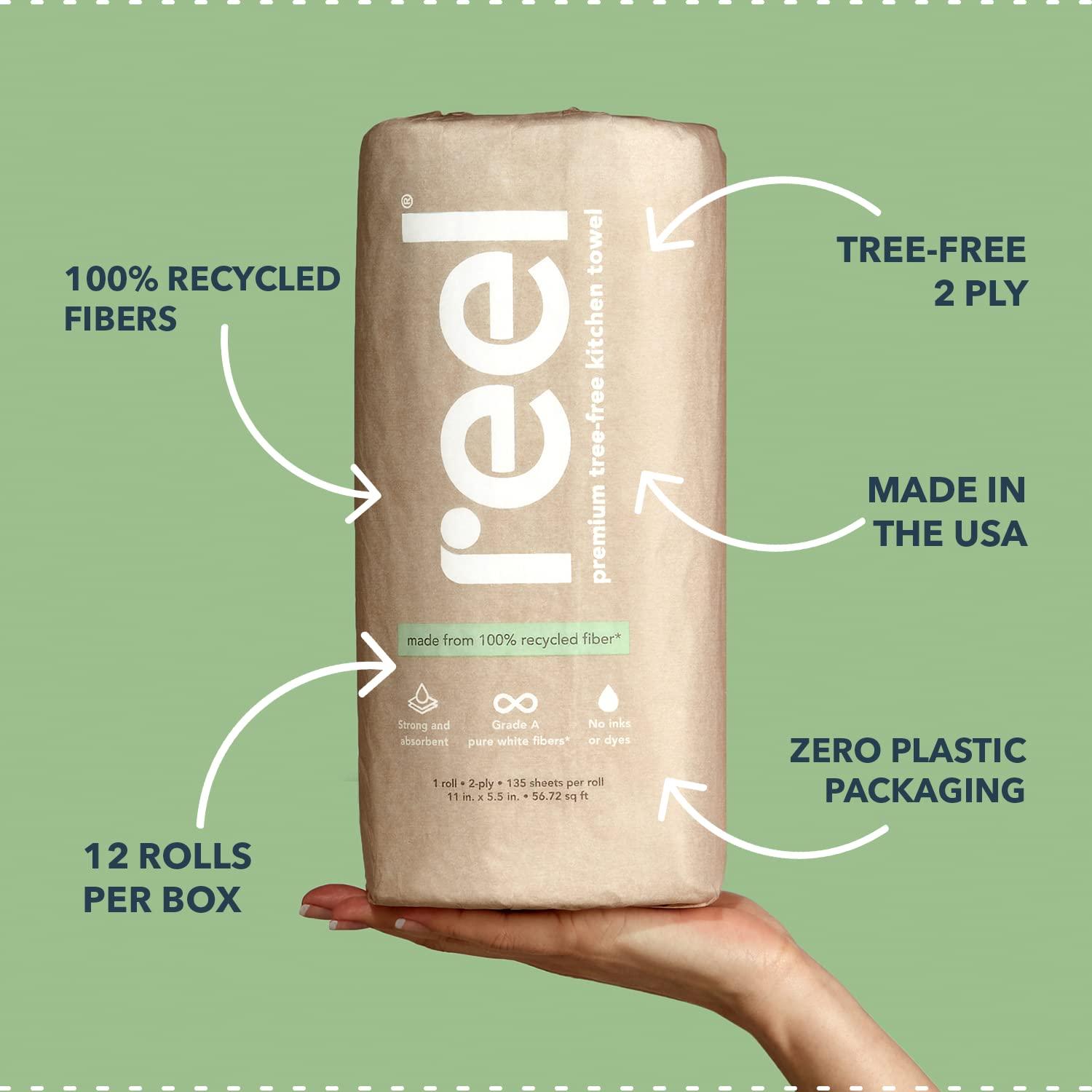 REEL Reel Premium Recycled Paper Towels- 12 Rolls, 2-Ply Made From Tree-Free, 100% Recycled Paper - Eco-Friendly, Hypoallergenic and Zero Plastic Packaging