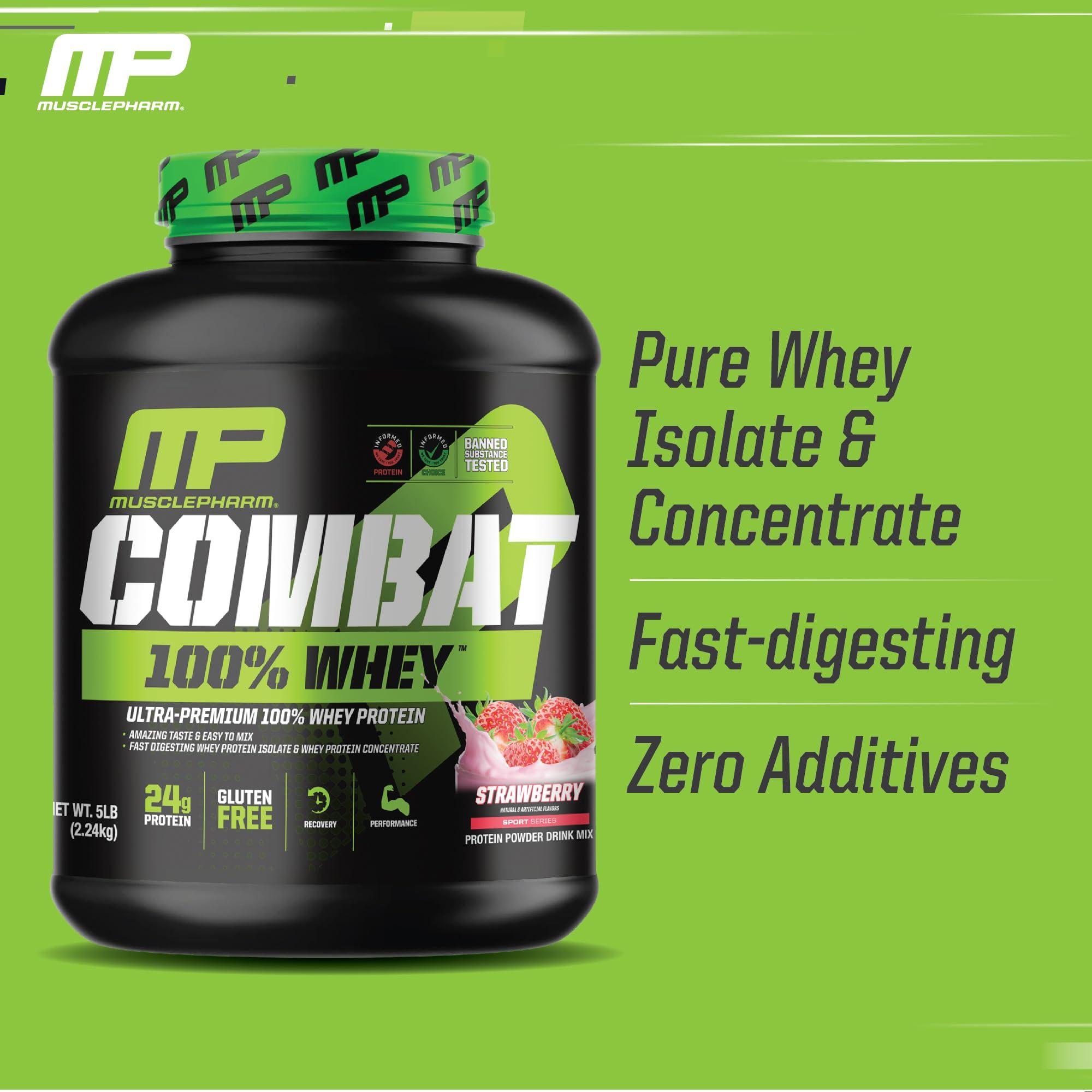 Muscle Pharm MusclePharm Combat 100% Whey Protein Powder, Strawberry Cream Flavor, Fast Recovery & Muscle Gain with Whey Protein Isolate, High Protein Powder for Women & Men, Gluten Free, 5 lb, 70 Servings