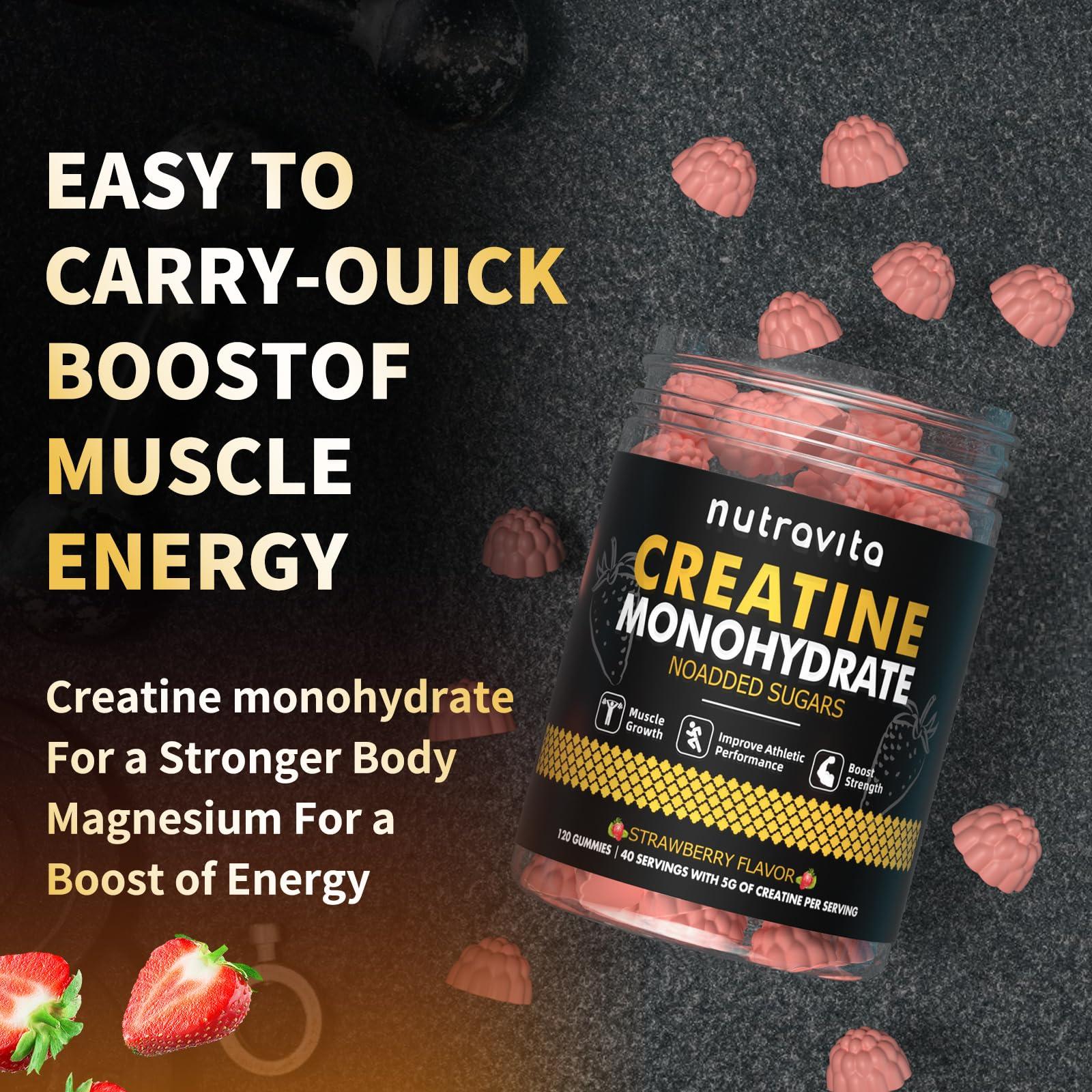 Nutravita Nutravita Creatine Monohydrate Gummies for Men & Women-5g of Creatine Monohydrate per Serving - Sugar Free,Vegan, Strawberry Flavor, 120 Count