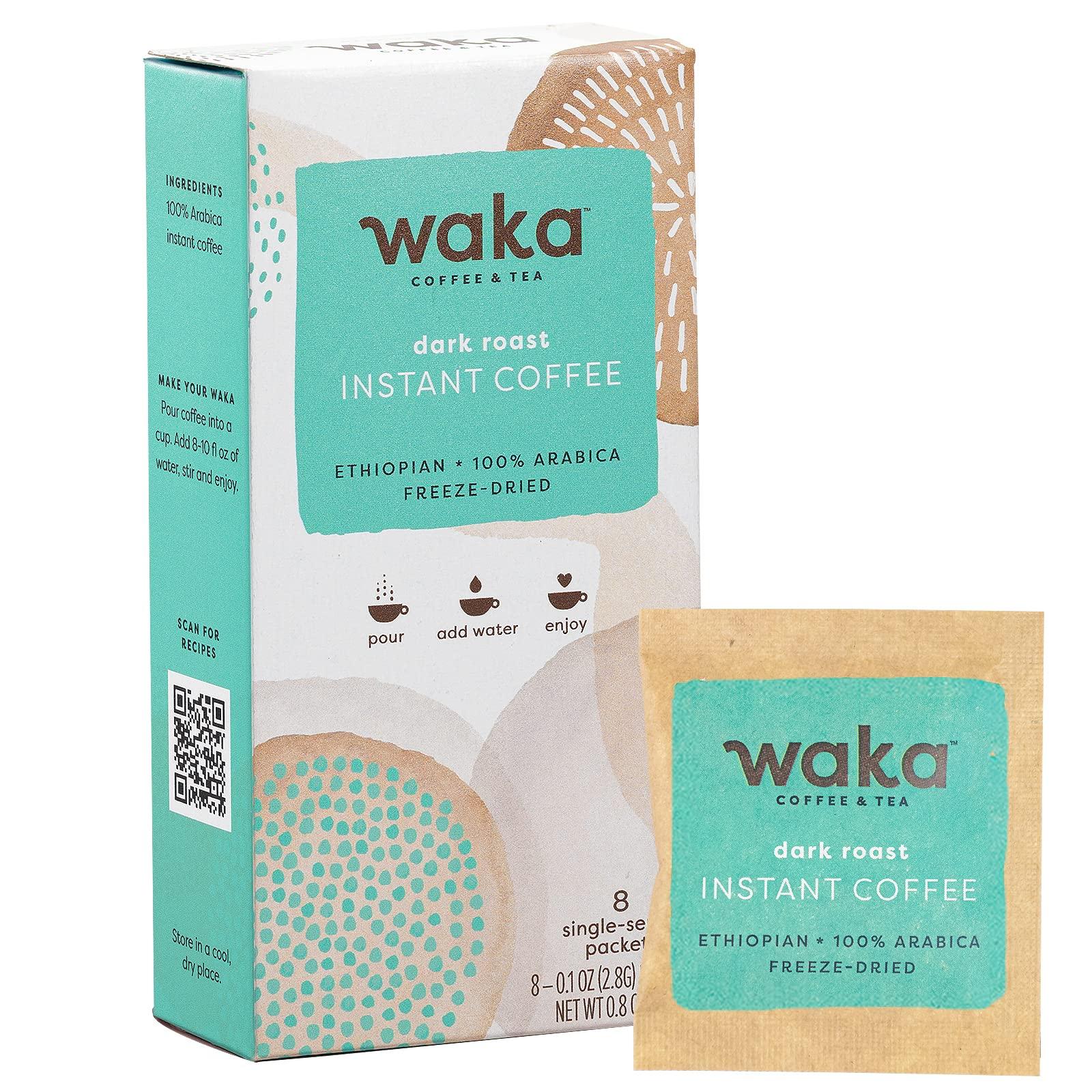 Waka Coffee Waka Premium Instant Dark Roast Coffee (8 Single-Serve Packets) & No Sugar Added Green Tea Powder (200 Cups)
