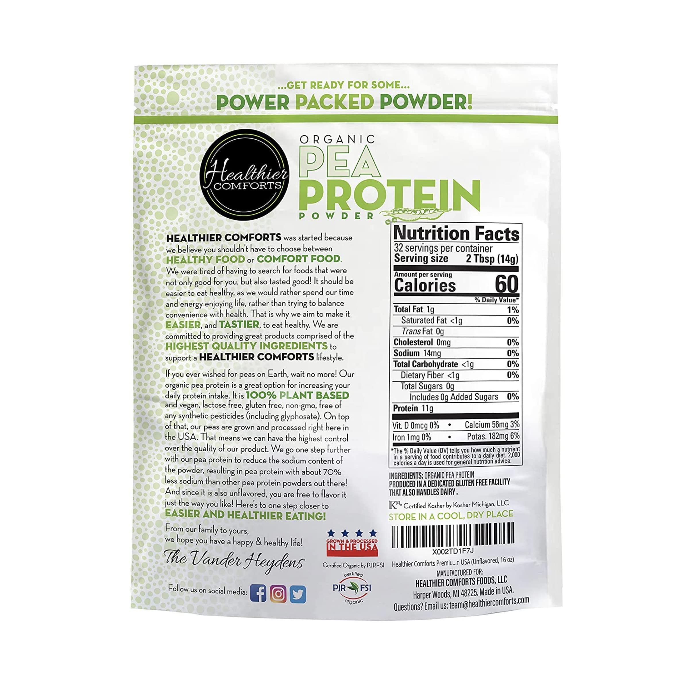 Healthier Comforts Healthier Comforts Pea Vegan Protein Powder w/Low Sodium | 100% Plant Based Protein Powder | Kosher, Gluten Free, Non-GMO, Keto Friendly, Organic Protein Powder | Unflavored Protein Powder 16oz