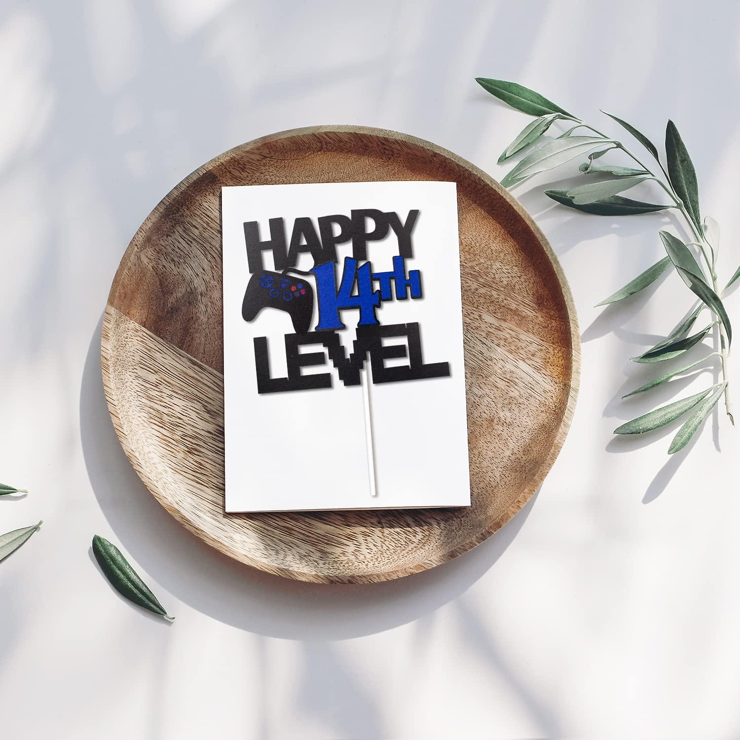 LQINBIBJ Video Game Cake Topper For Happy 14th Level Birthday Decoration - Glitter Happy 14th Birthday Video Game Cake Topper - Gamer Levle 14th Unlocked Birthday Party Cake Decorations