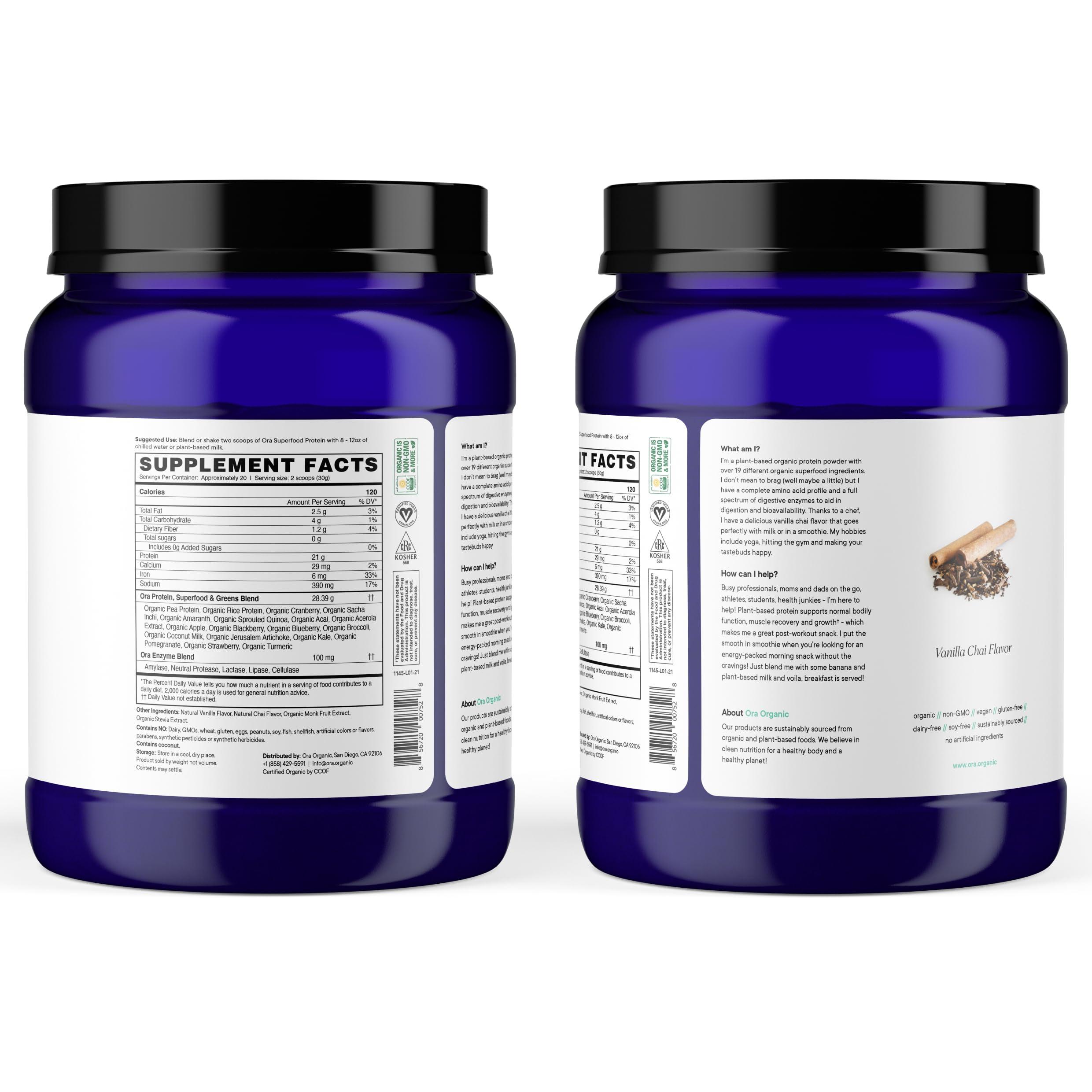 Ora Organic Ora Organic Vegan Protein Powder - 21g Plant Based Protein Powder for Women and Men | Clean Protein Source, Keto Friendly, Gluten Free, Paleo, Dairy-Free, Gluten-Free, Soy-Free (Vanilla Chai)