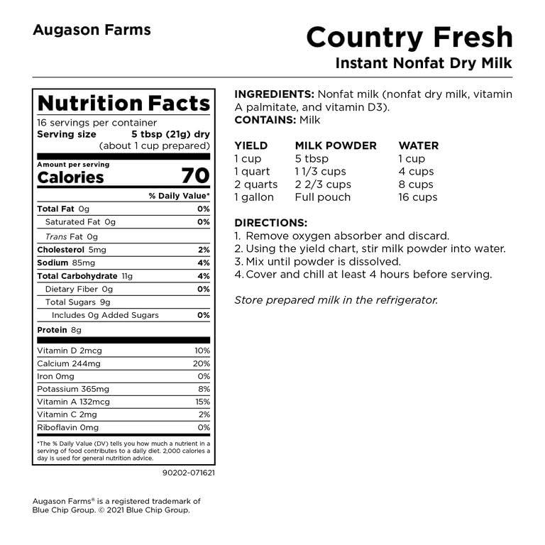Augason Farms Augason Farms Country Fresh Instant Nonfat Dry Milk Resealable Pouch, Emergency Food Supply, Everyday Meals, 16 Servings