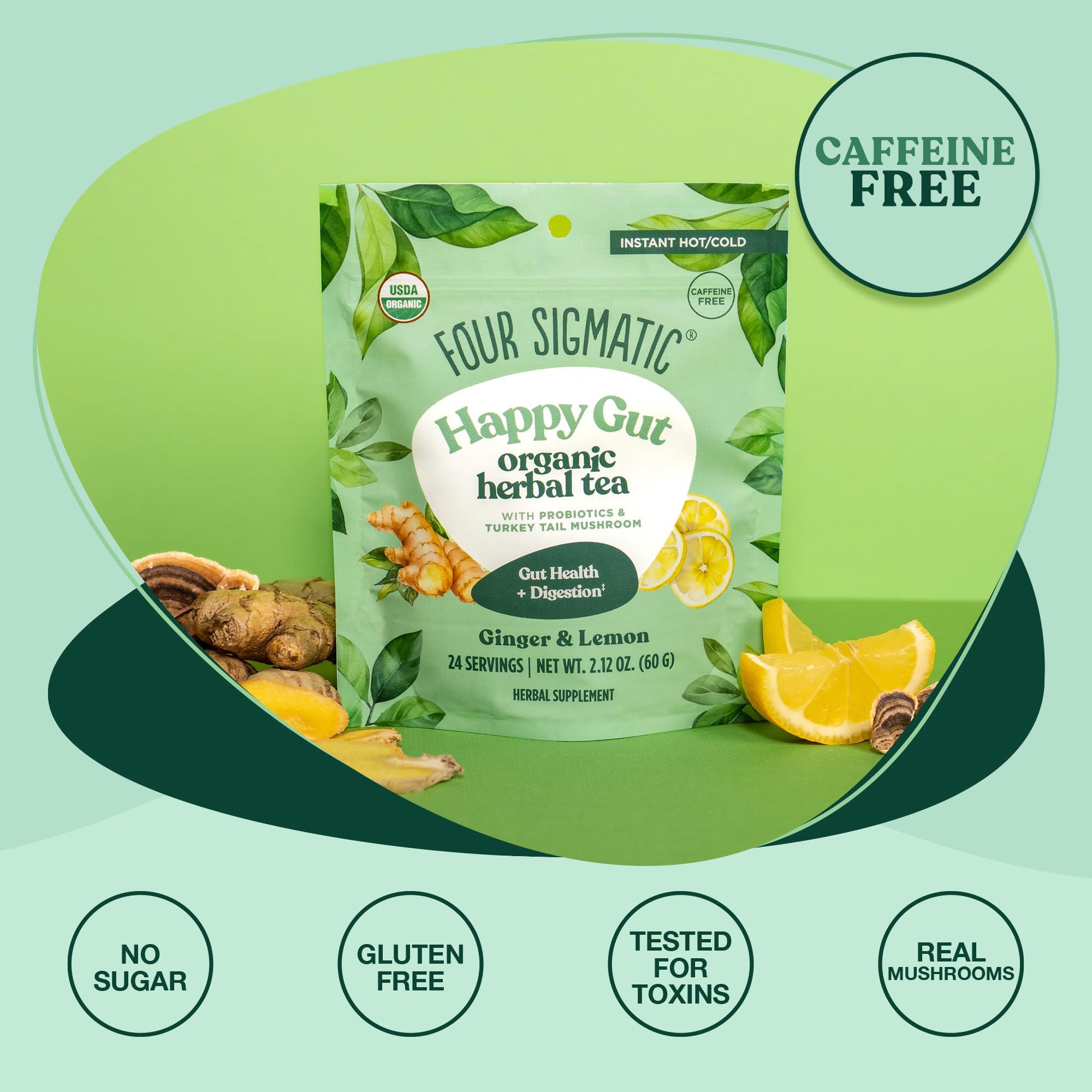 Four Sigmatic Four Sigmatic Happy Gut Organic Herbal Tea | Organic Lemon Ginger with Probiotics & Turkey Tail Mushroom | Instant Digestive Tea | Vegan, Gluten-Free | Lemon Ginger, 24 Servings