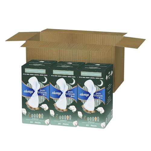 Always Always Pure Cotton, Feminine Pads for Women, Size 4 Overnight Absorbency, Multipack, with Flexfoam, with Wings, Unscented, 20 Count x 3 Packs (60 Count total)