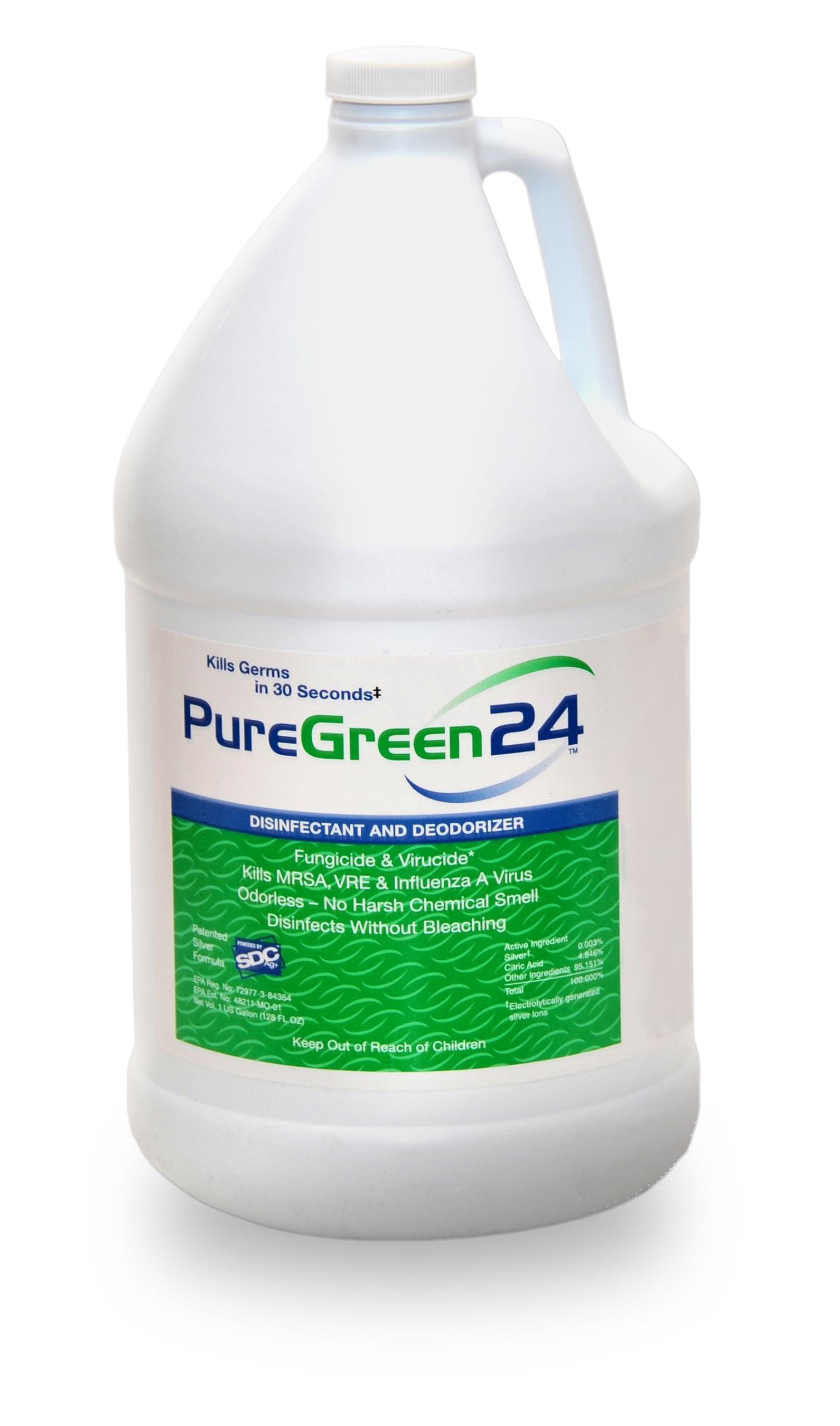PURE GREEN 24 PureGreen24 Safe & Effective Disinfectant. Kills Deadly Germs including RSV COVID-19 Norovirus MRSA Staph 2025 flu Contains no toxic chemicals odorless child & pet safe 1 gallon bottle ready to use