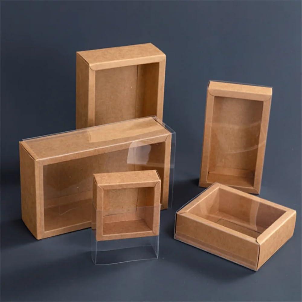 Awcmtpsyol 10Packs Rectangle Kraft Paper Box with PVC Window For Wedding ,Birthday Party,Jewelry, Candy Cookies Clear Boxes Decorative Gift Packaging (Kraft paper box + clear pvc,Inner Size:20*10*6cm Outer