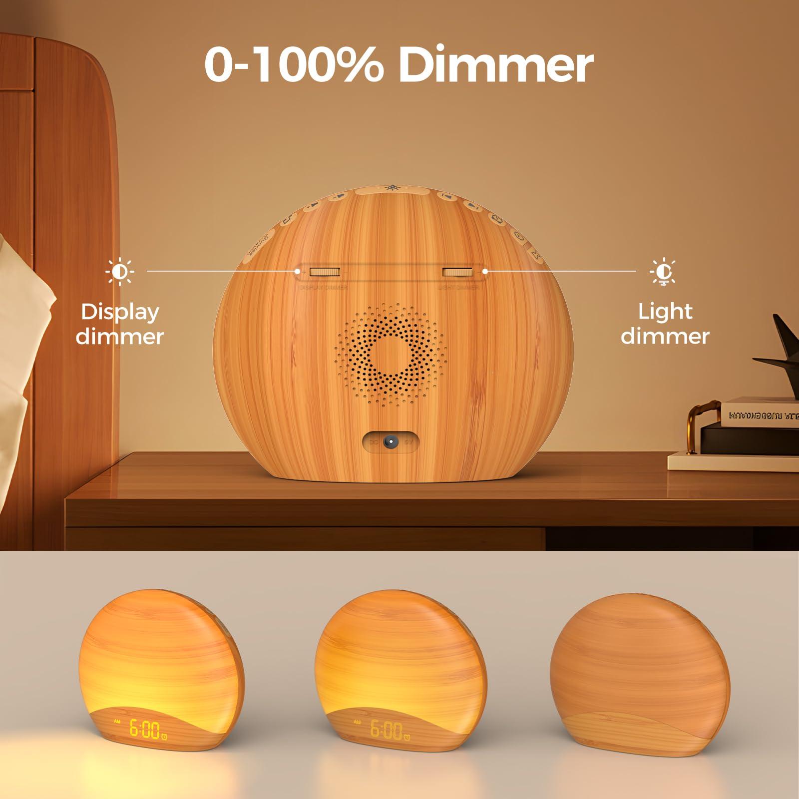 REACHER REACHER Natural Wood Grain Sound Machine Sunrise Alarm Clock26 Nature Inspired Sleeping Sounds, 0-100% Dimmable Clock, Night Light,Brown/Pink/White Noise Sound Machine for Babys, Kids, Adults