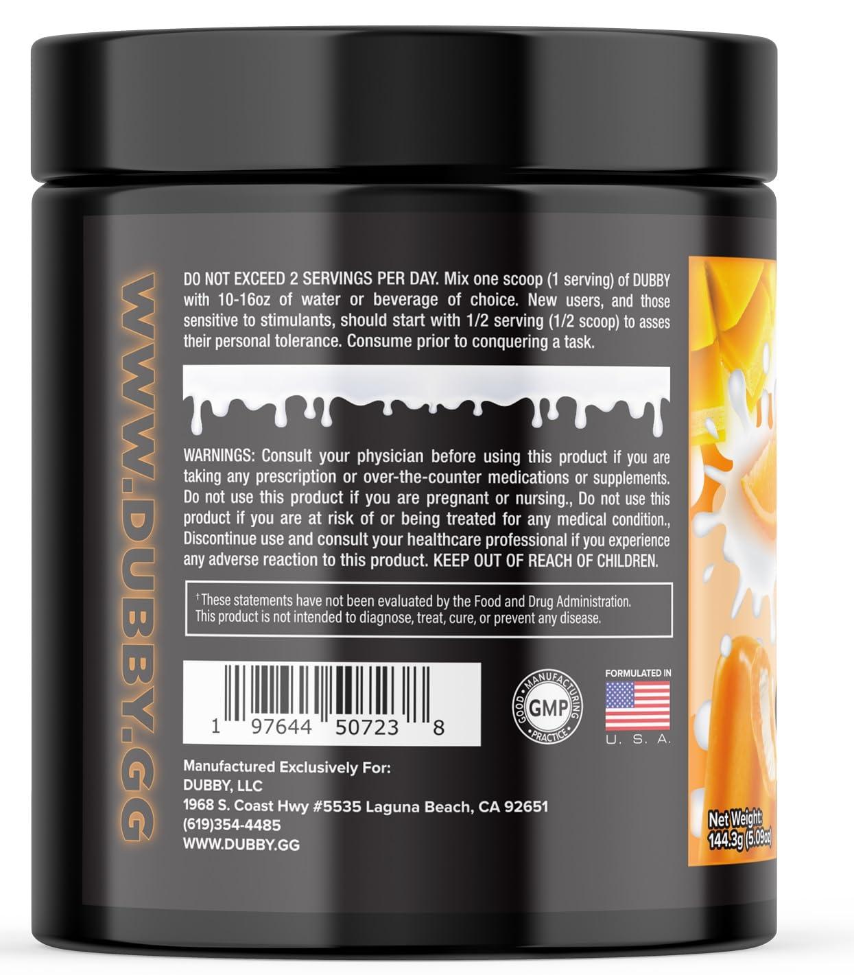 Dubby Dubby - Gamer Energy Drink Powder for Gaming - Sugar Free Energy Drinks, Nootropics Jitter-Free Natural Energy Powder, Mango Orange Cream Flavor, 30 Serving, 5.61 Ounces (Cali Cream)