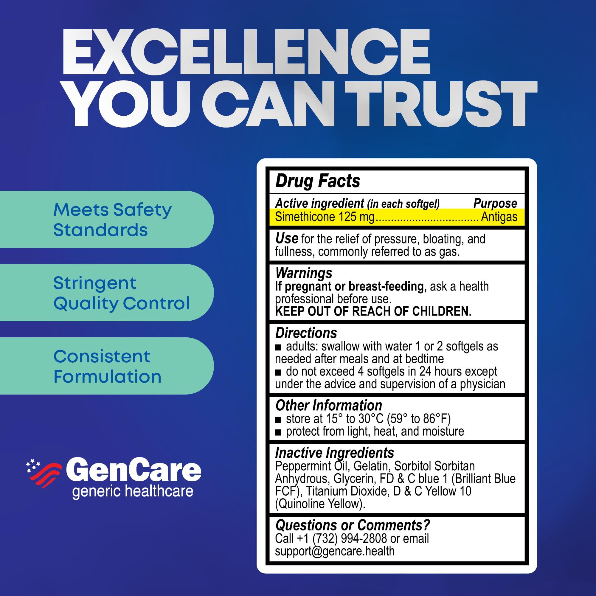 GenCare GenCare -Extra Strength Gas Relief Simethicone 125mg (180 Softgels) Maximum Strength Anti Gas Pills for Bloating Relief, Pressure & Discomfort - Compare to Generic Extra Strength Gas X