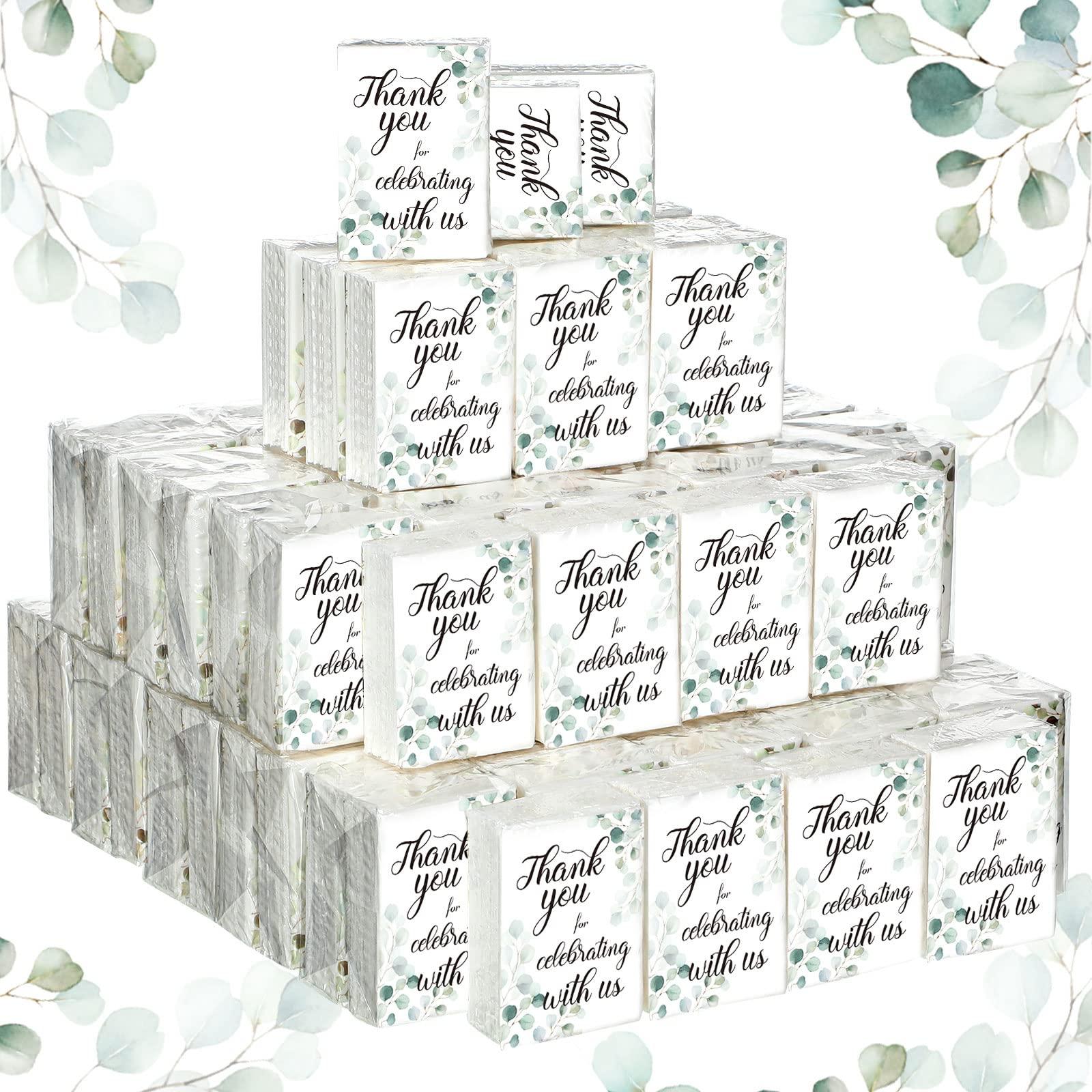Sinmoe 100 Pack Wedding Bulk Travel Pocket Tissue Thank You Mini Facial Tissue Greenery Eucalyptus Tissue 3 Ply Tissue for Celebrating with Us Guest Tissue for Wedding, Bridal Shower, Graduation