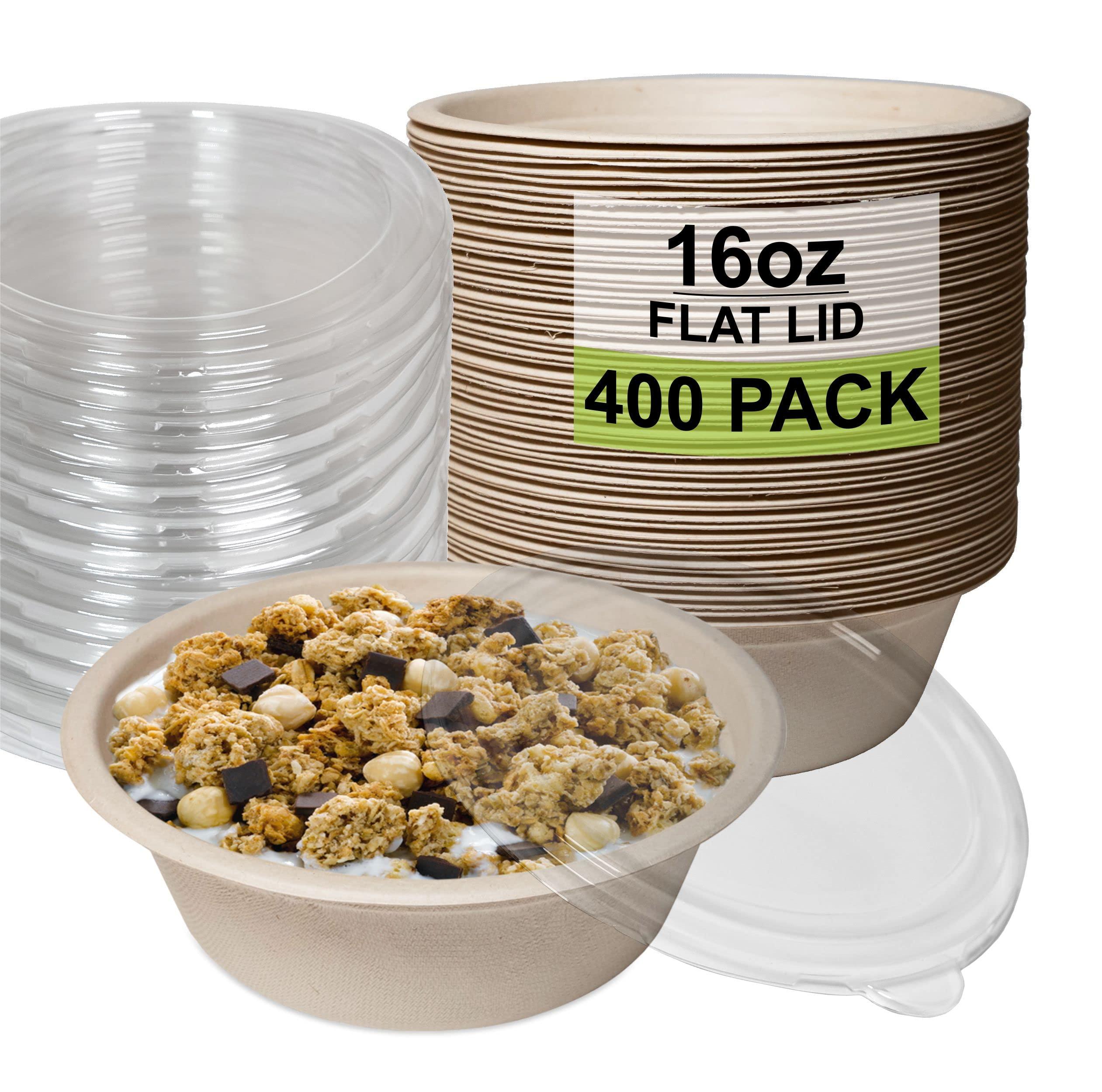 EcoQuality [400 Pack] 16 oz Compostable Paper Bowls with Lids Heavy-Duty Disposable Bowls, Eco-Friendly Natural Bagasse Unbleached, Hot or Cold Use, 100% Biodegradable Soup Bowls Sugarcane