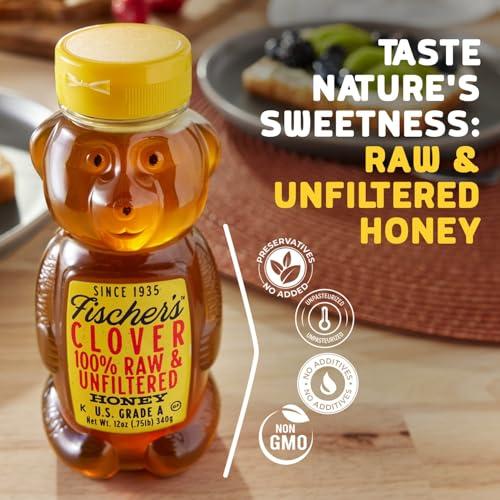 Fischer\'s Fischers 100% Clover Honey, 12 Oz Pure, Raw & Unfiltered Honey Squeezable Honey Bear Bottle Gluten-Free, Non-GMO All-Natural Sweetener