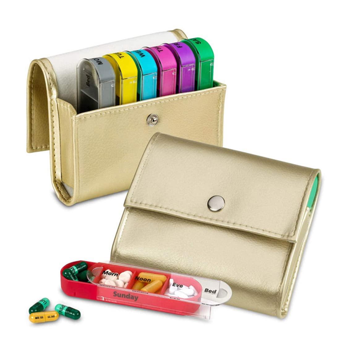 PL TREASURE HOME Weekly Pill Organizer Pill Box 7 Day | Medication Reminder 7 Times a Day | Includes Leather PU Pill Box for Purse | The Small Pill Box Can Hold Vitamins, Cod Liver Oil, Supplements and Medicines
